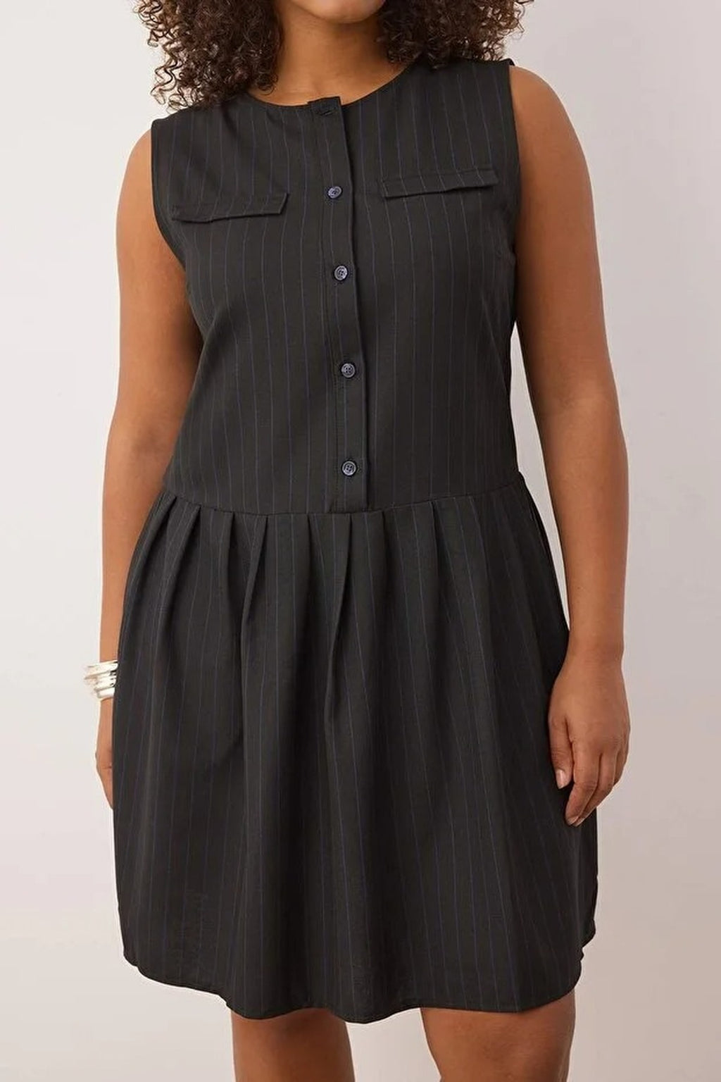 Striped Button Detail Mini Woven Plus Size Dress