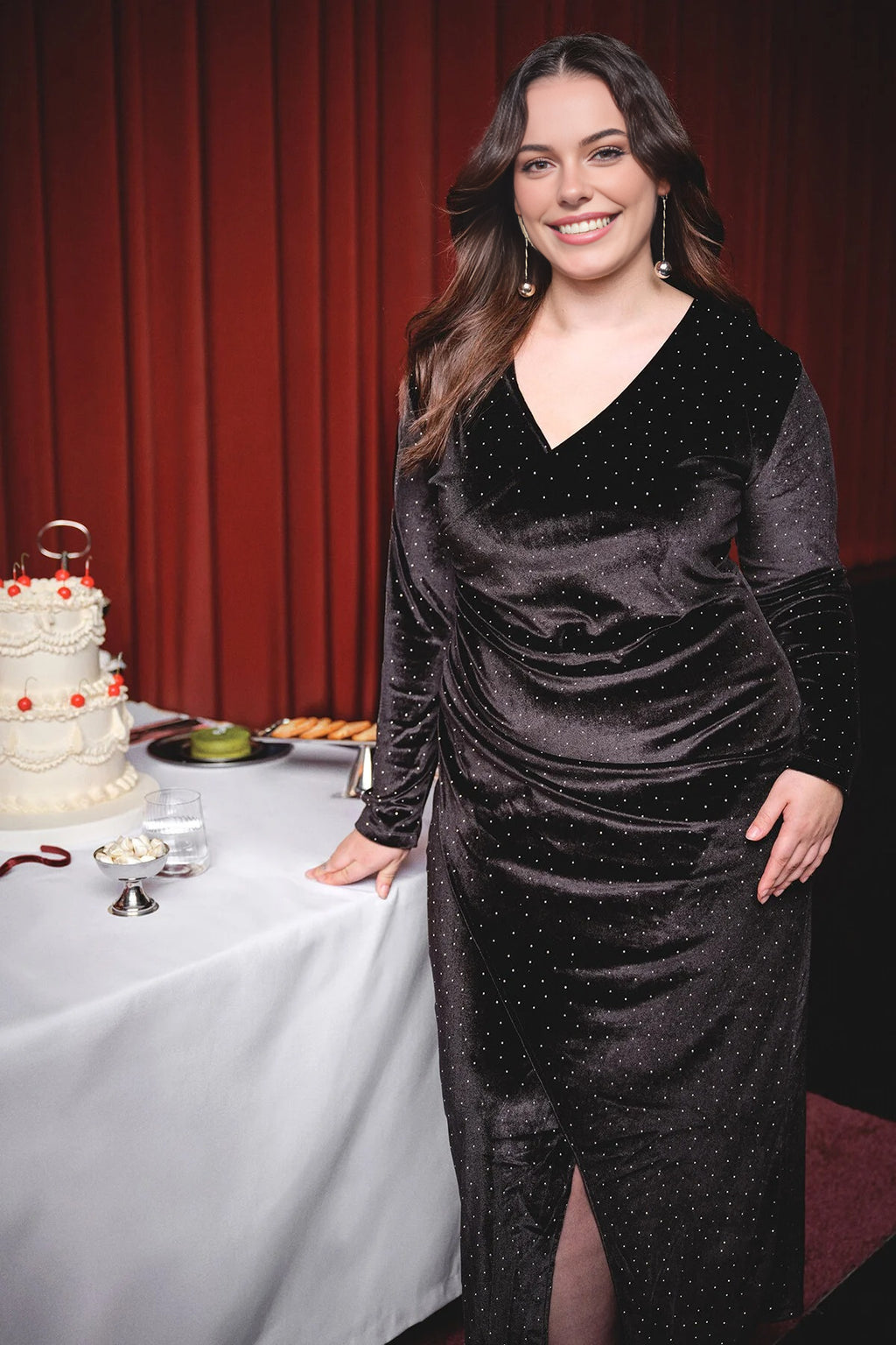 V-Neck Midi Embellished Velvet Knit Plus Size Dress