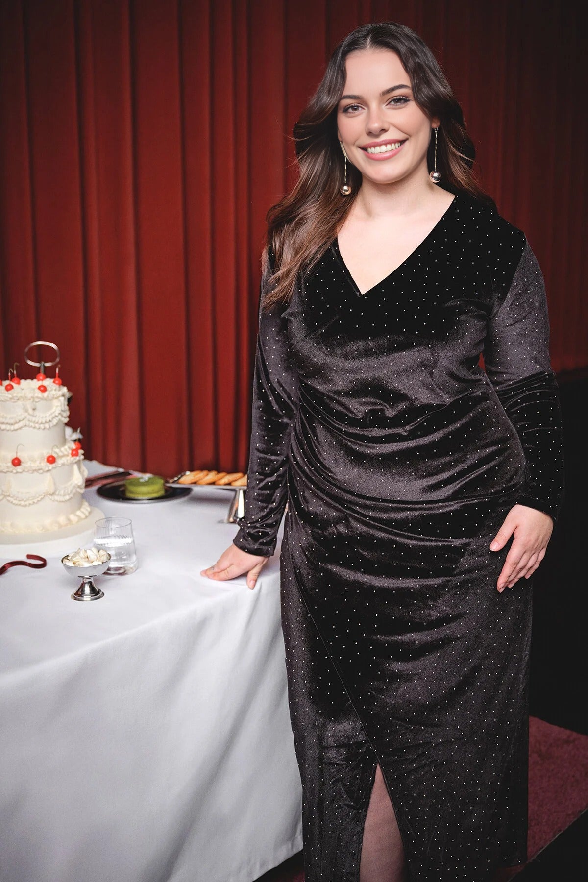 V-Neck Midi Embellished Velvet Knit Plus Size Dress
