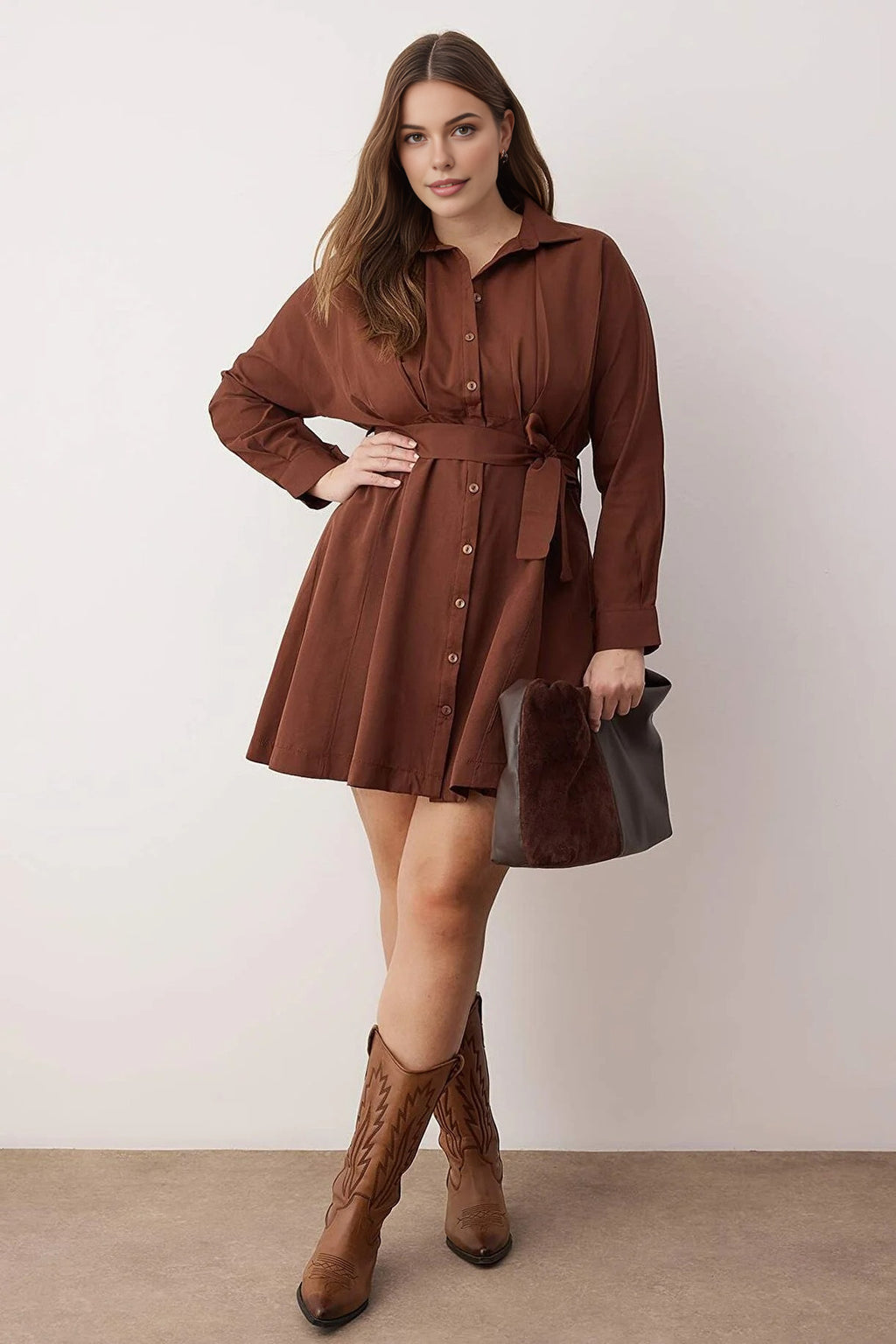 Mini Woven Belted Plus Size Shirt Dress