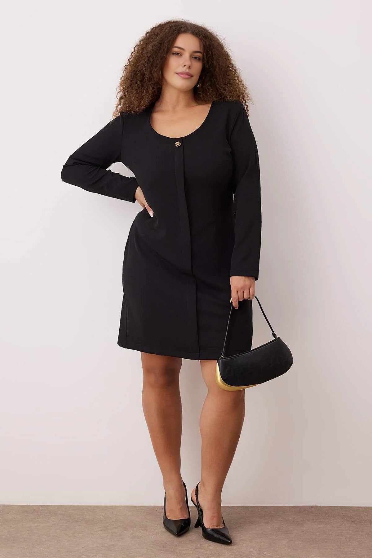 Pool Neck Button Detail Long Sleeve Mini Woven Plus Size Dress