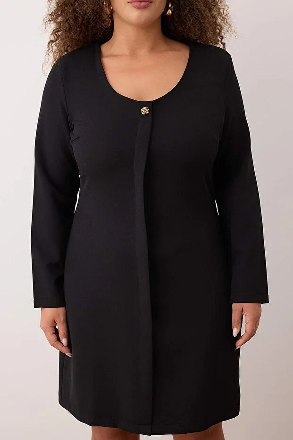 Pool Neck Button Detail Long Sleeve Mini Woven Plus Size Dress
