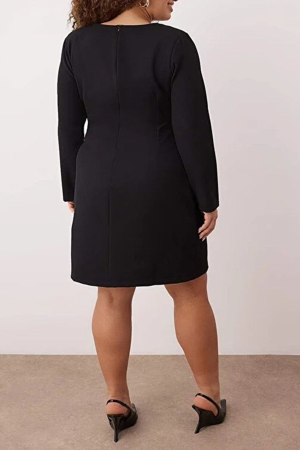 Pool Neck Button Detail Long Sleeve Mini Woven Plus Size Dress