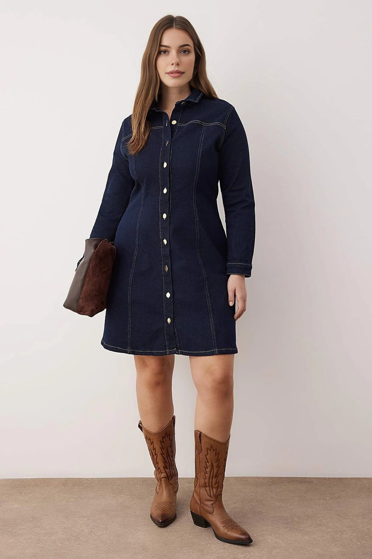 A-Line Stretch Denim Plus Size Dress