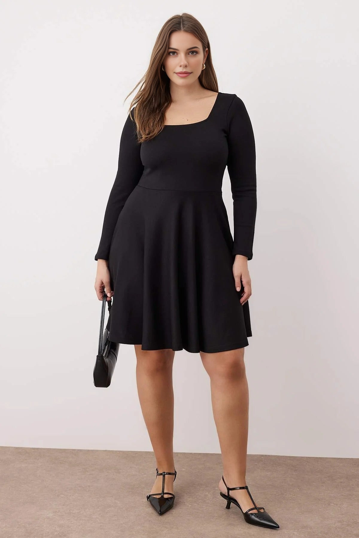 Square Neck Skater Mini Knitted Plus Size Dress