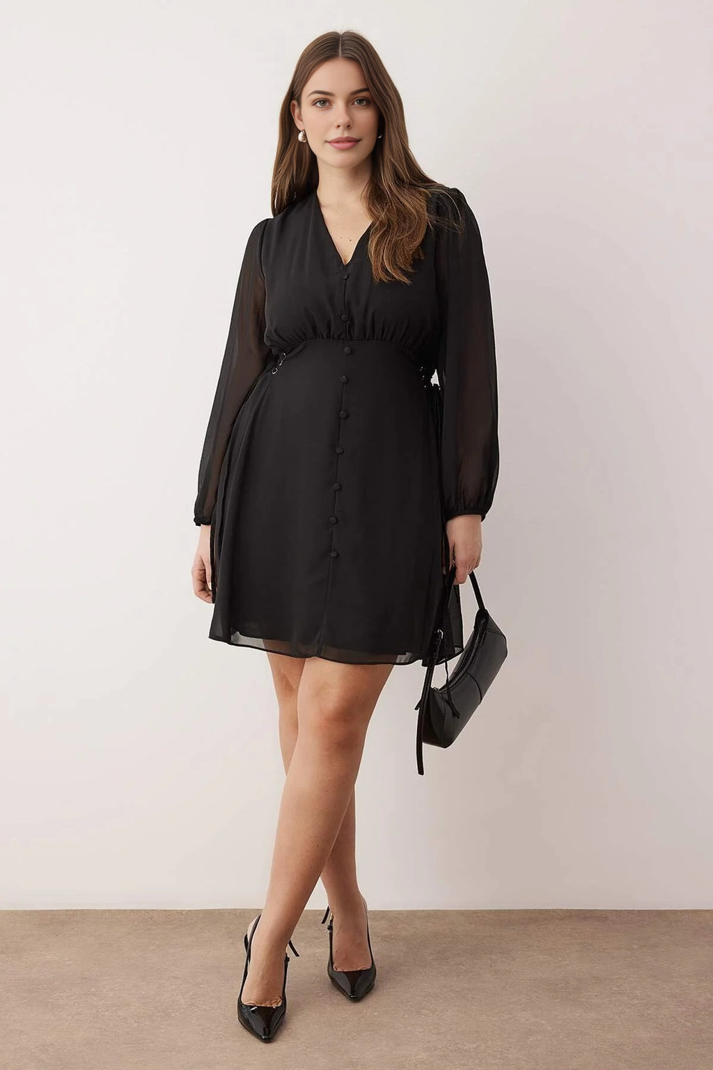 Chiffon Woven Dress with Eyelet Detail and Button Closure