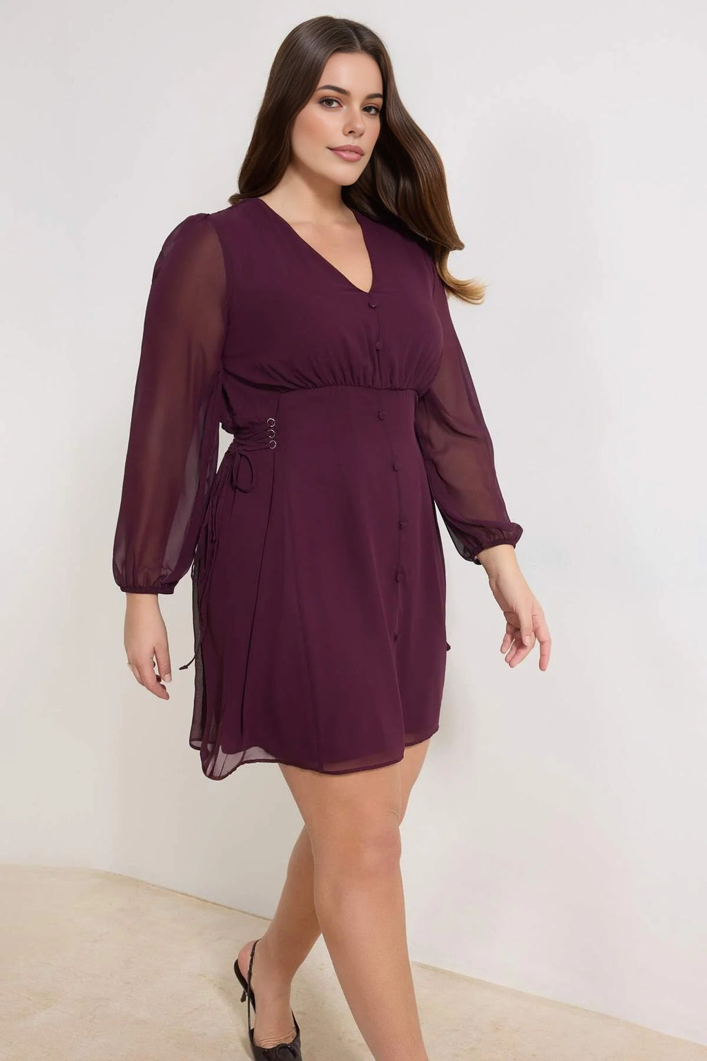 Chiffon Woven Dress with Eyelet Detail and Button Closure