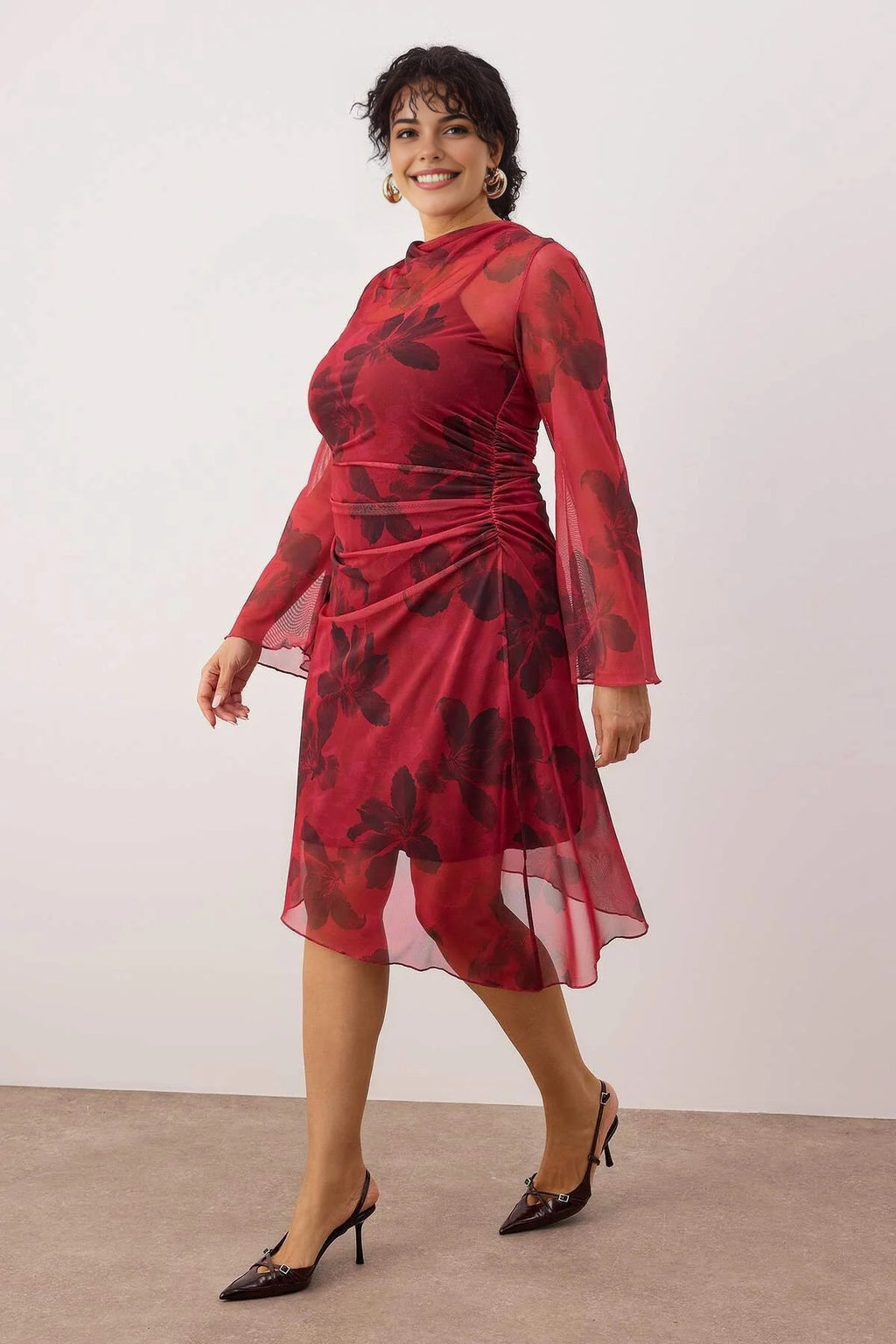 Floral Pattern A-Line Tulle Knit Plus Size Dress