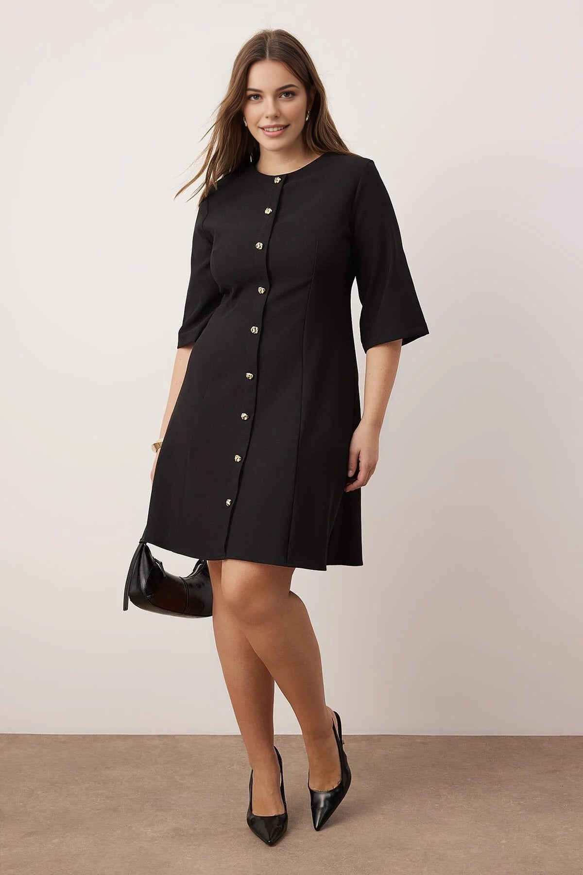 Mini Woven Plus Size Dress with Gold Buttons