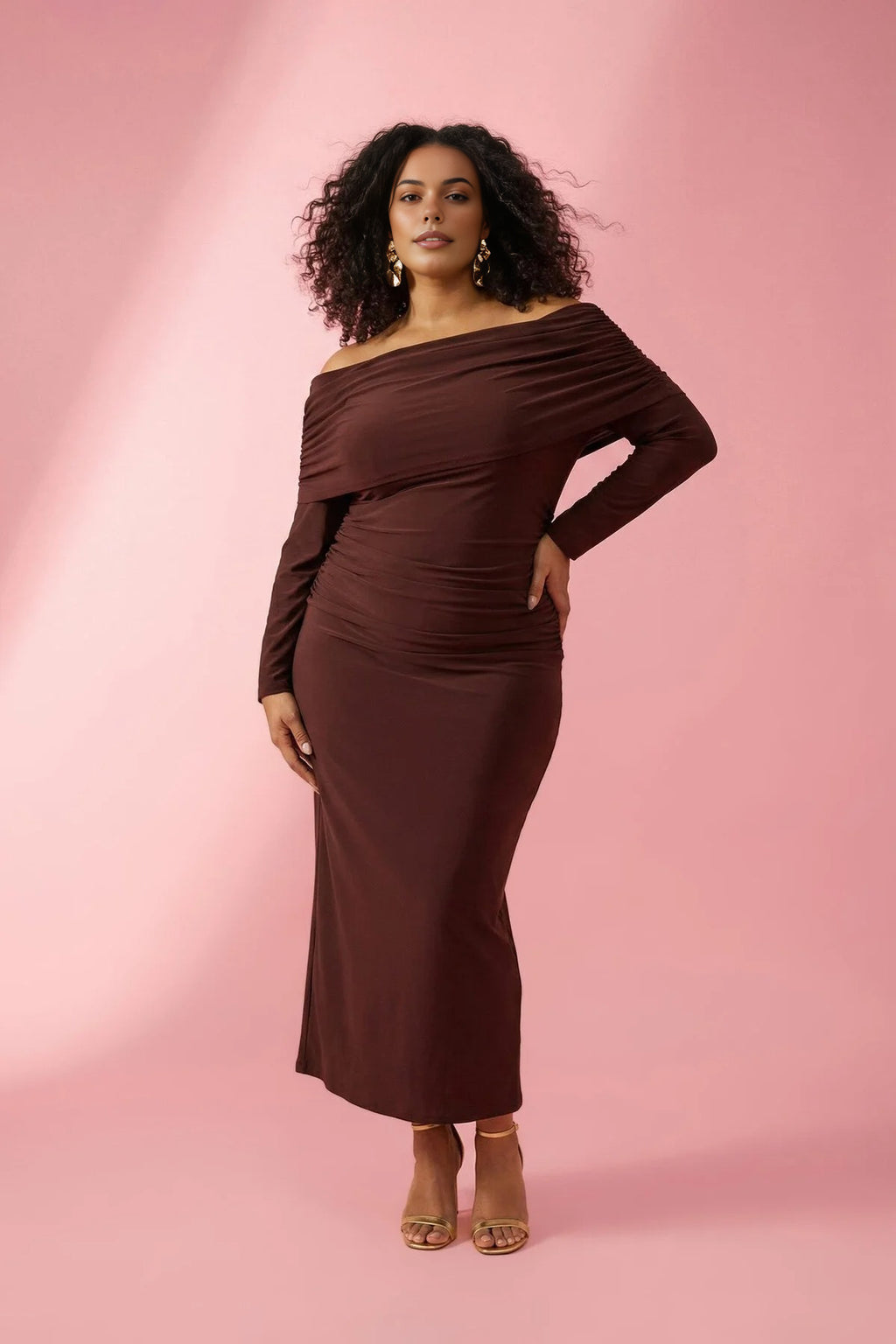 Ruched Carmen Neck Stretch Maxi Knit Dress