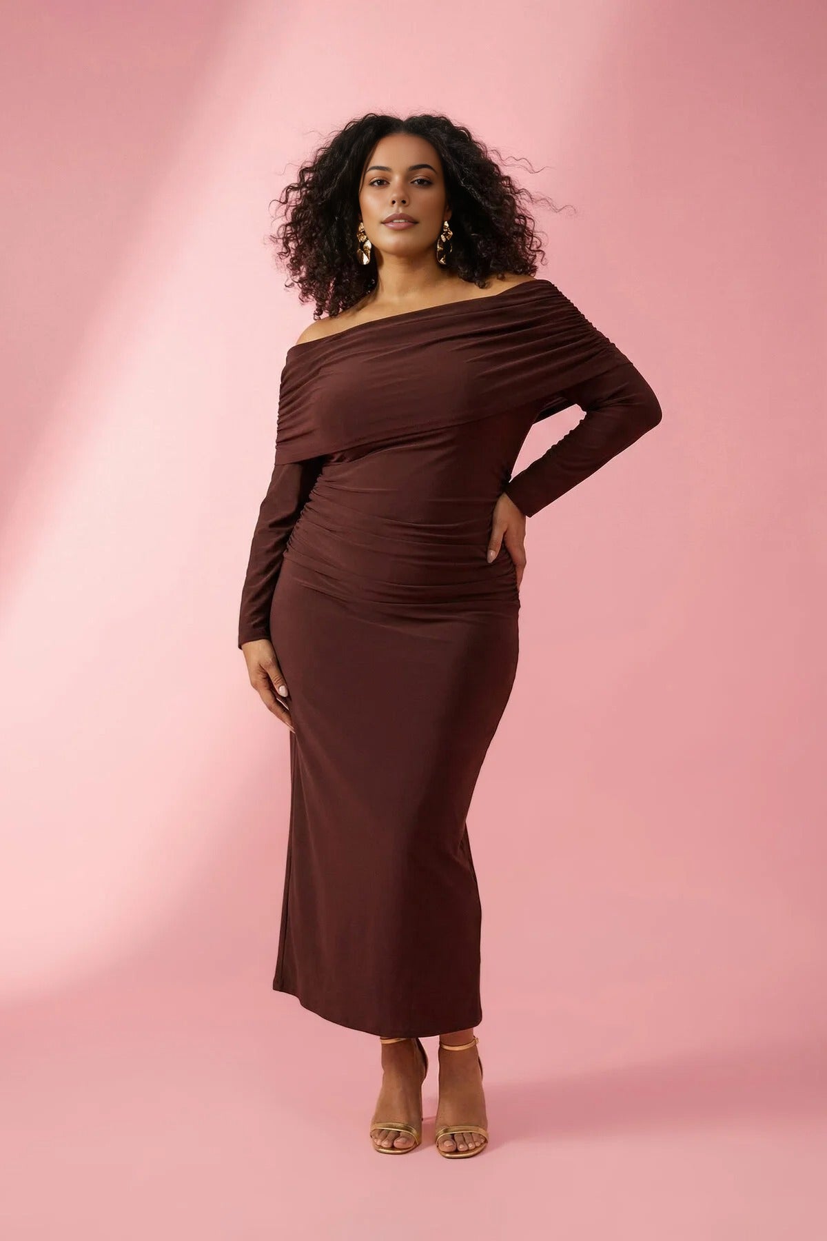 Ruched Carmen Neck Stretch Maxi Knit Dress