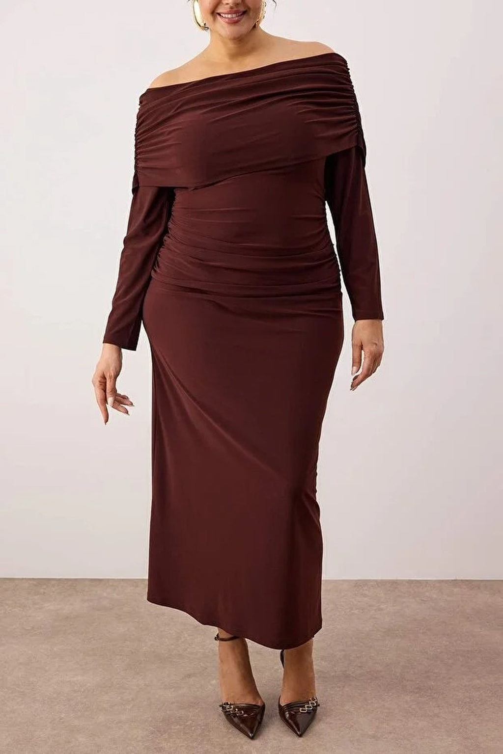Ruched Carmen Neck Stretch Maxi Knit Dress