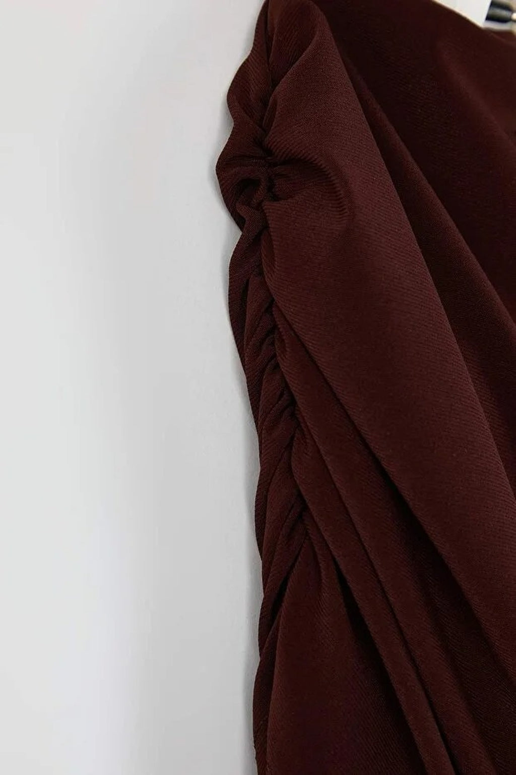 Ruched Carmen Neck Stretch Maxi Knit Dress