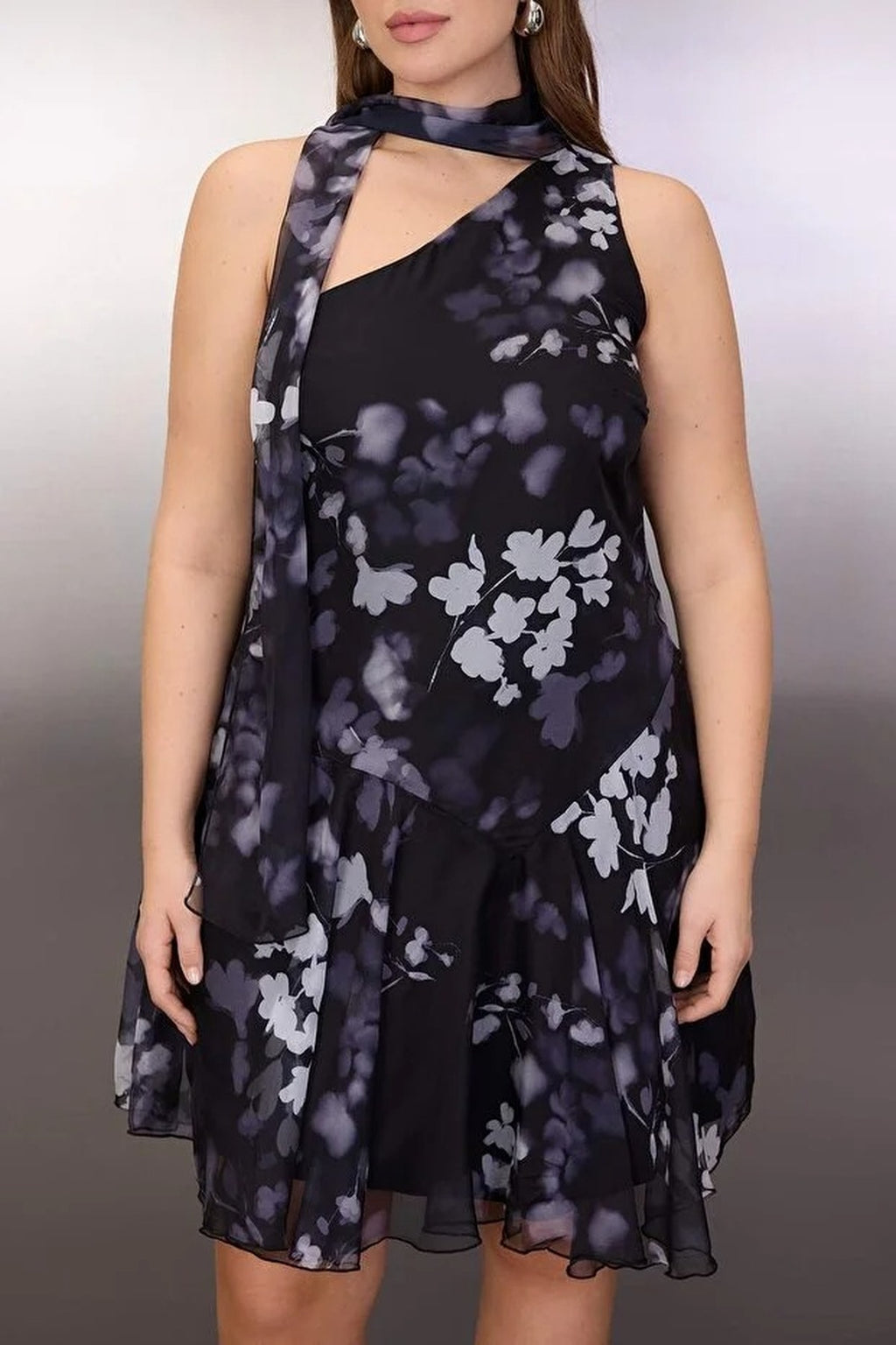 Floral Halter Neck Mini Ruffled Chiffon Woven Plus Size Dress