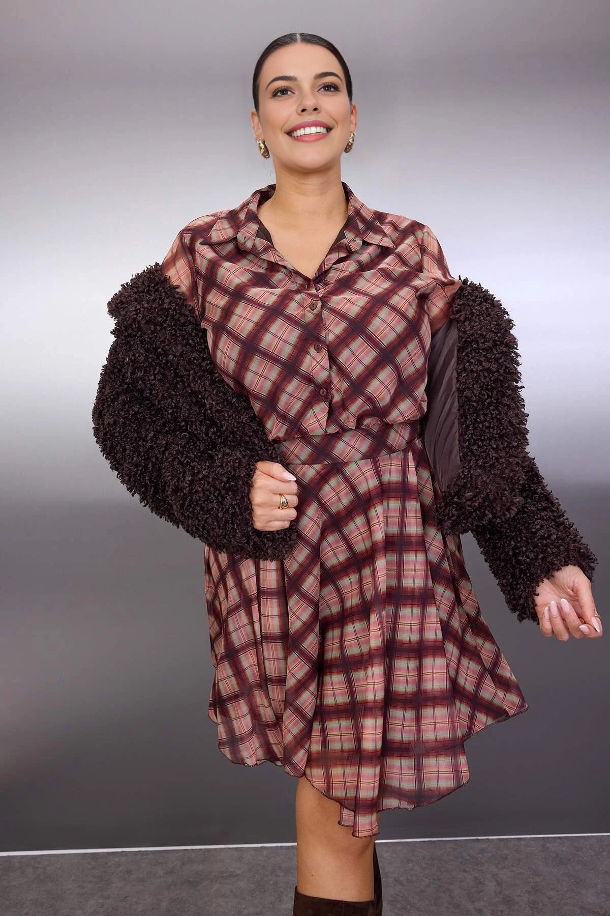 Plaid Chiffon Mini Woven Plus Size Dress