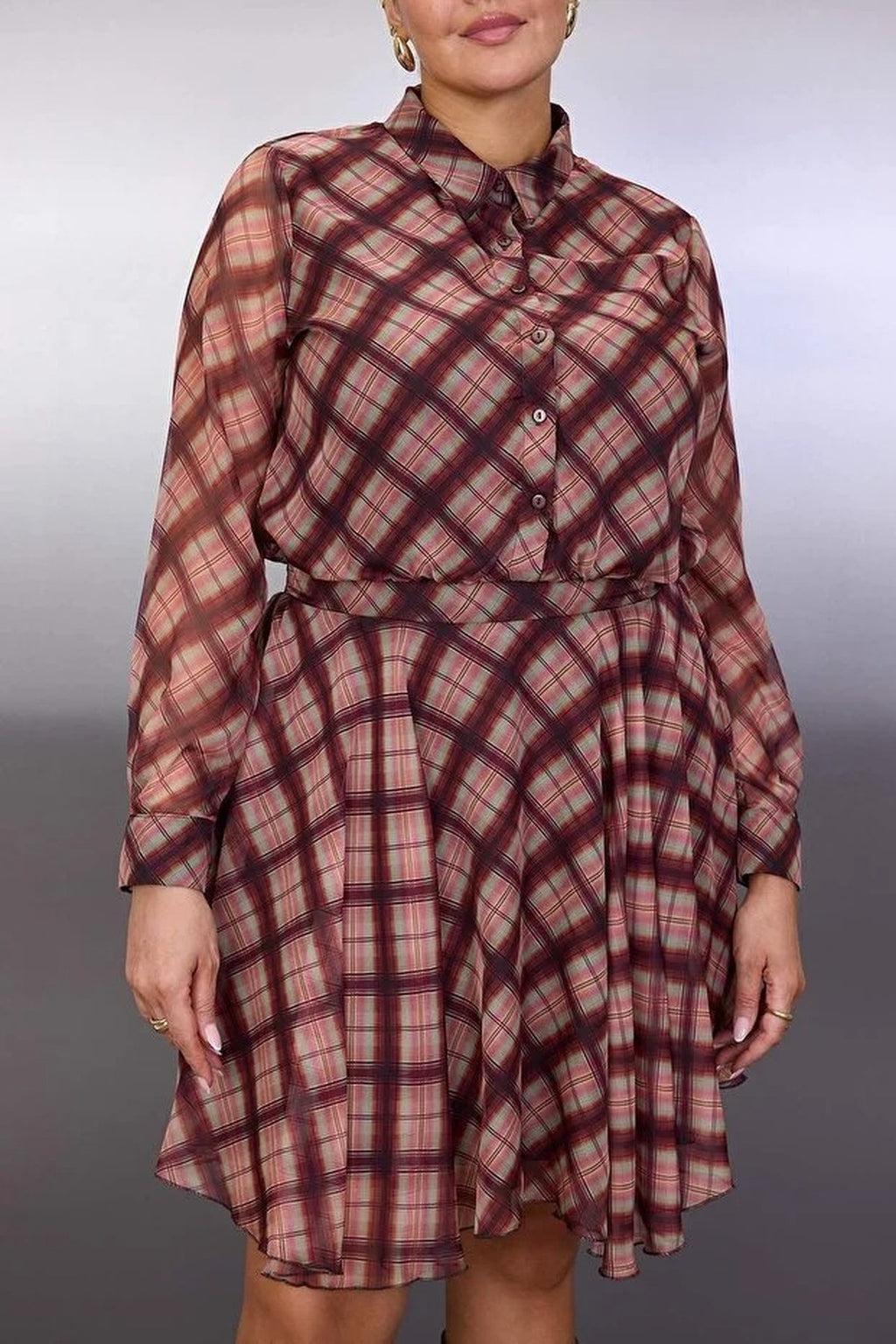 Plaid Chiffon Mini Woven Plus Size Dress