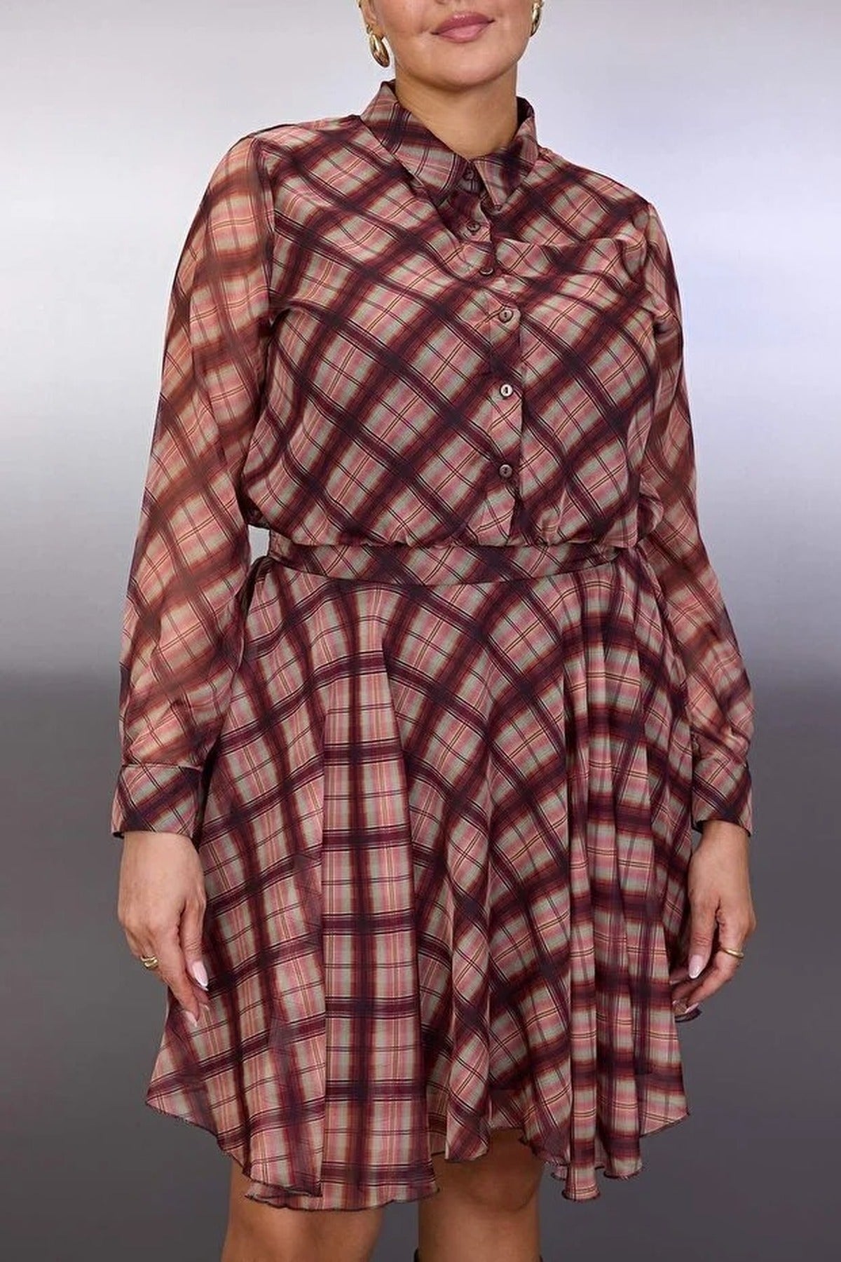 Plaid Chiffon Mini Woven Plus Size Dress