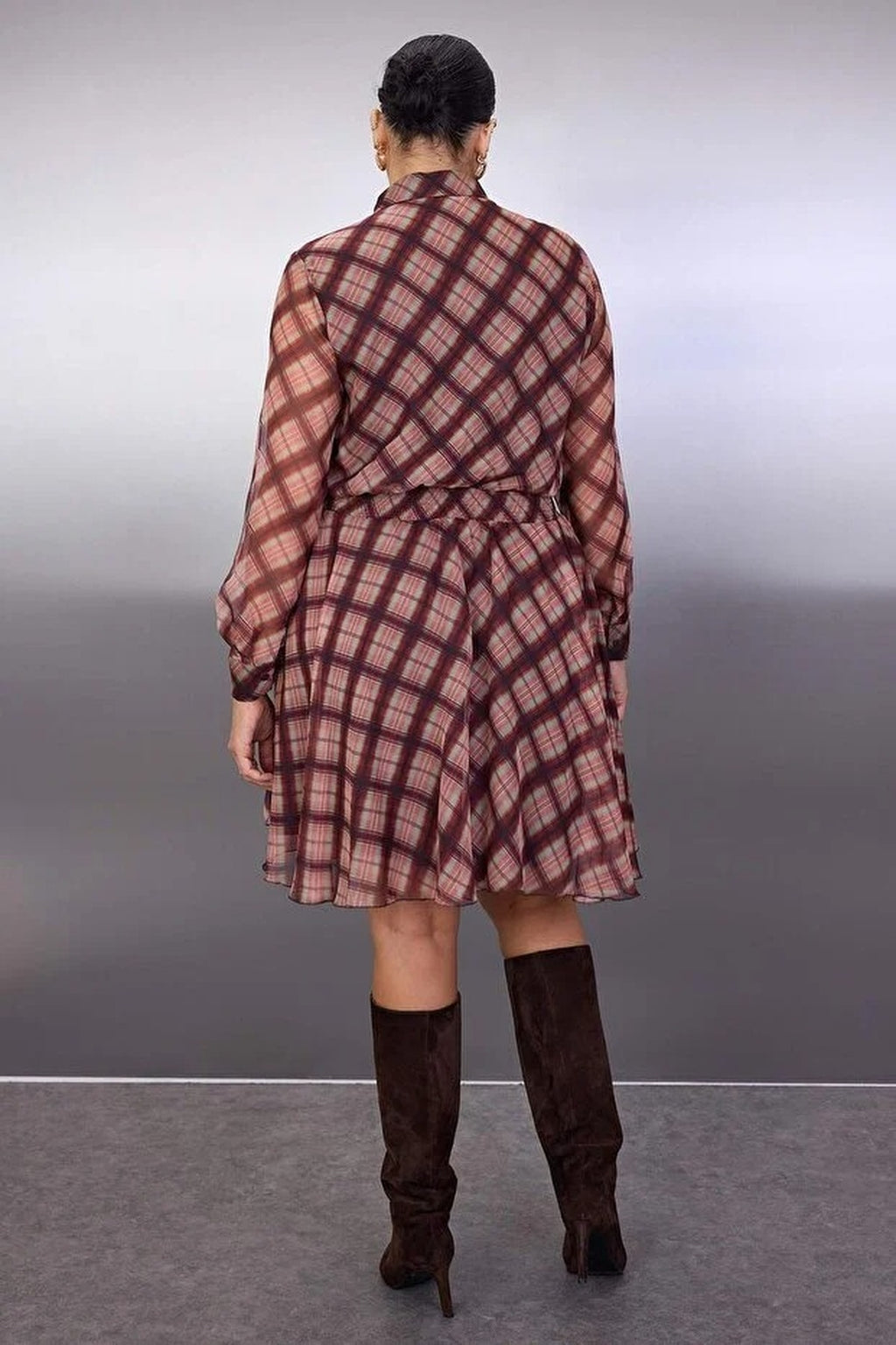 Plaid Chiffon Mini Woven Plus Size Dress
