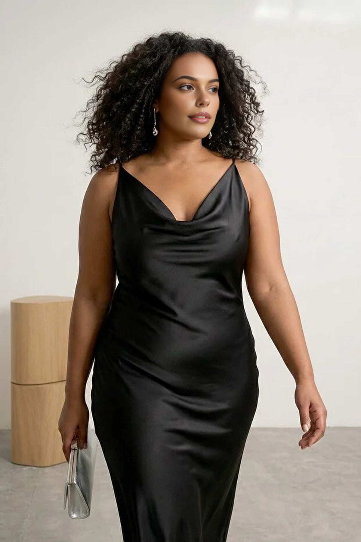Midi V-Neck Satin Woven Plus Size Dress