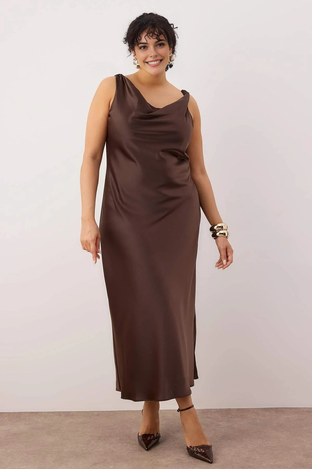 Midi V-Neck Satin Woven Plus Size Dress