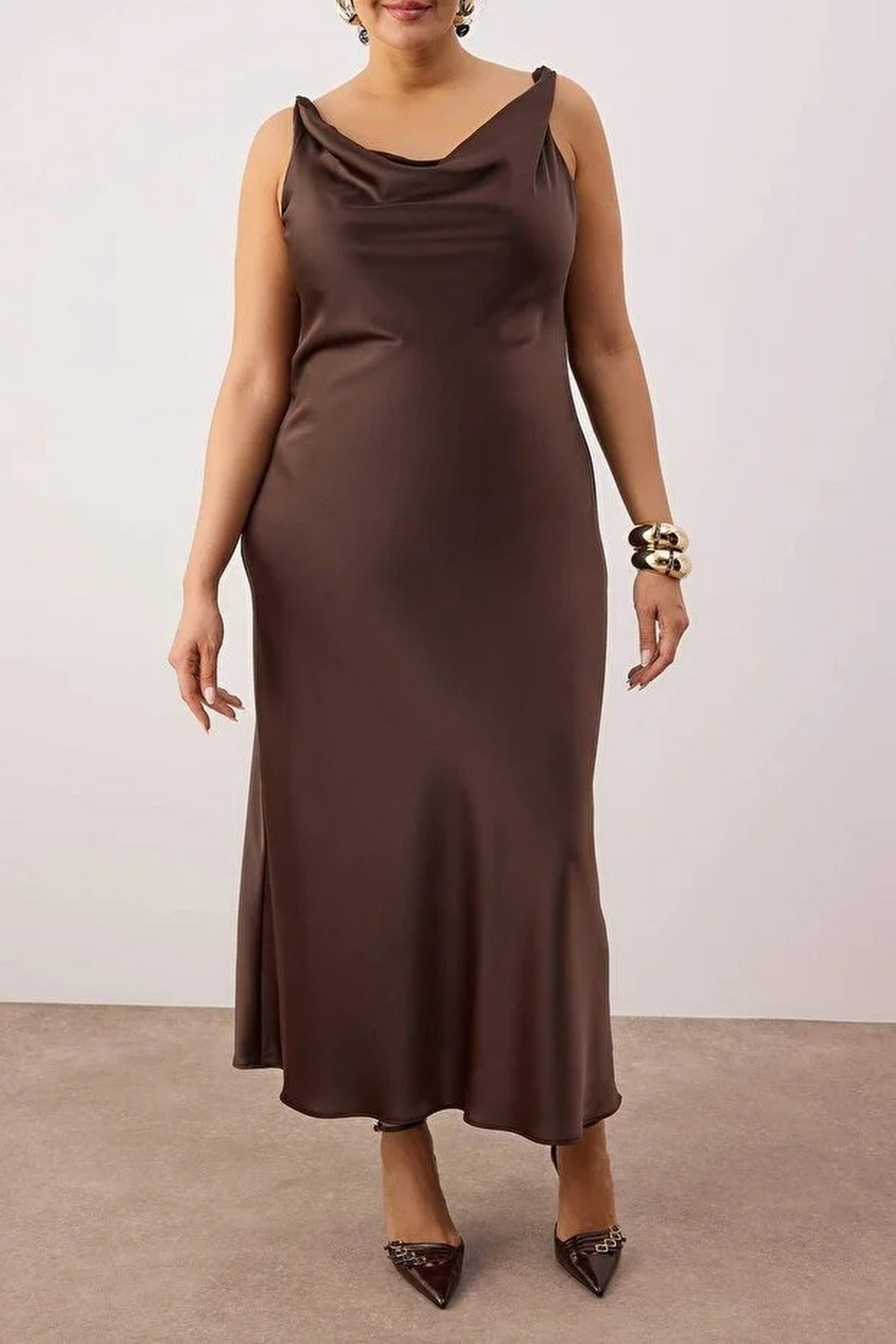 Midi V-Neck Satin Woven Plus Size Dress