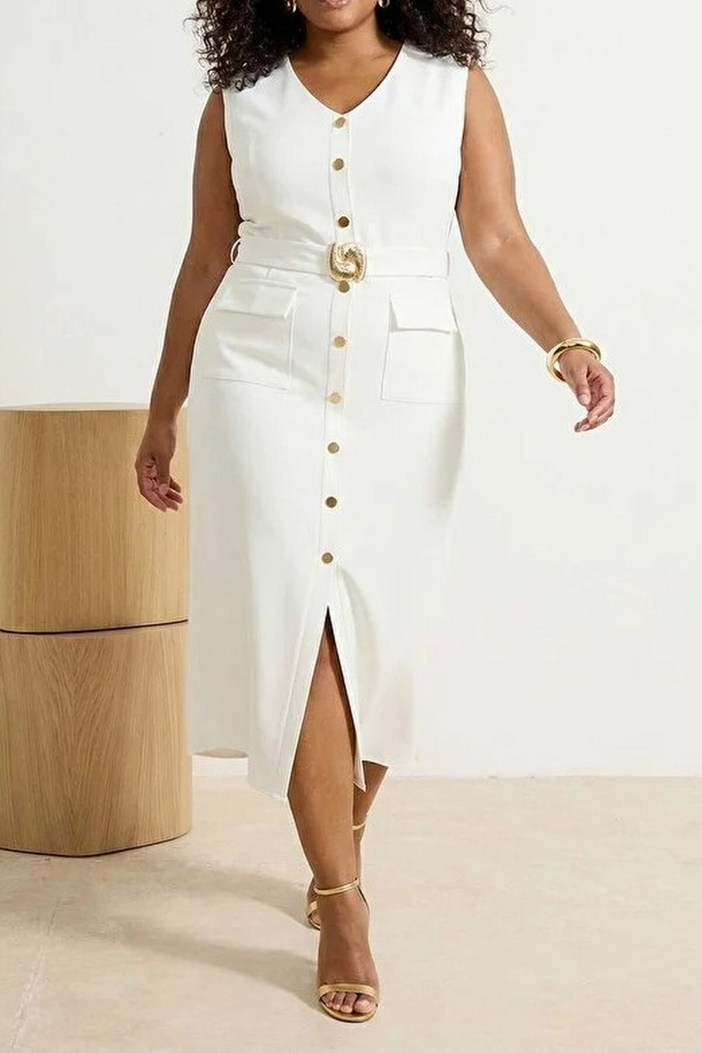 Belted Accessory Detail Midi Woven Dress