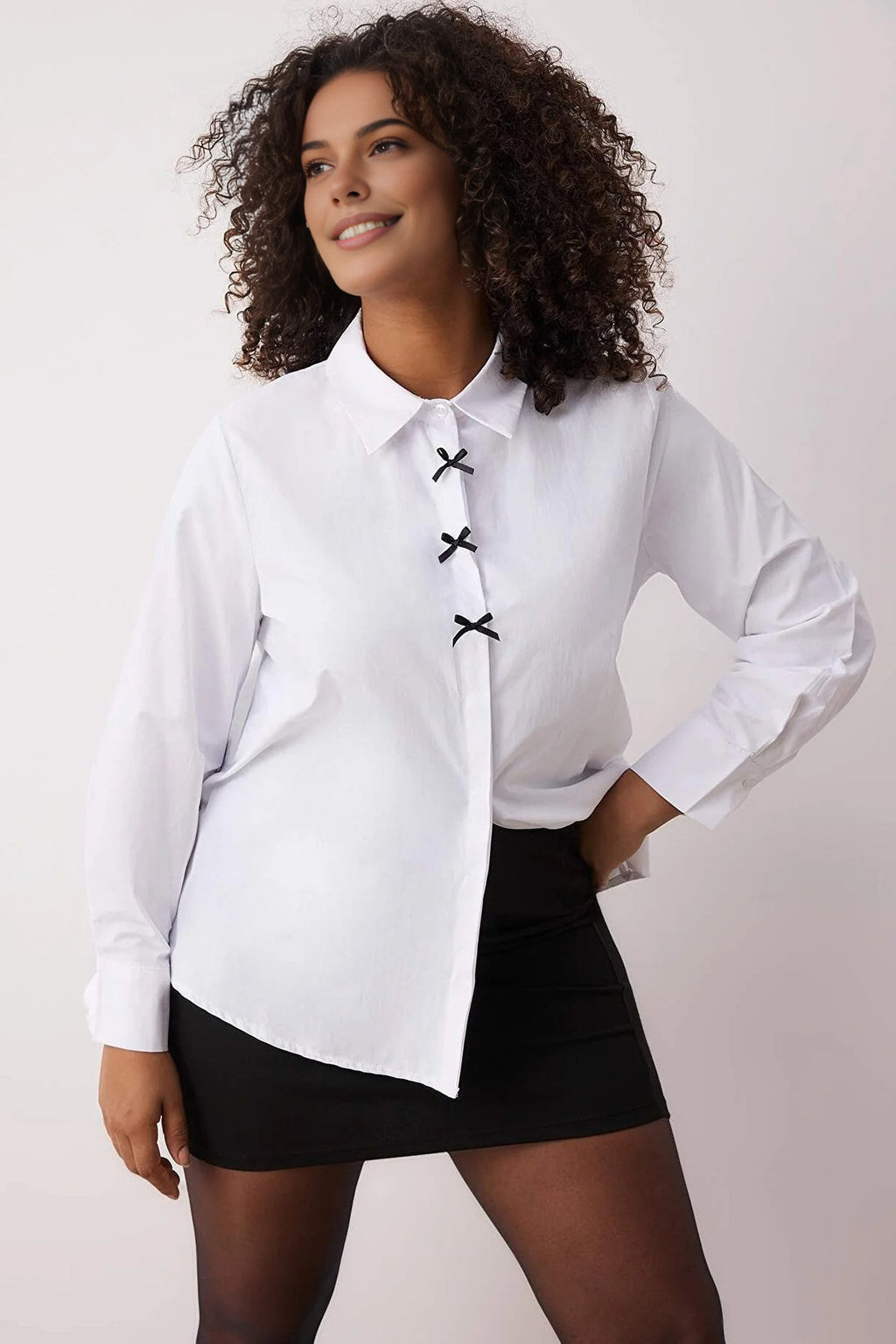 Long Sleeve Woven Plus Size Shirt with Bow Detail