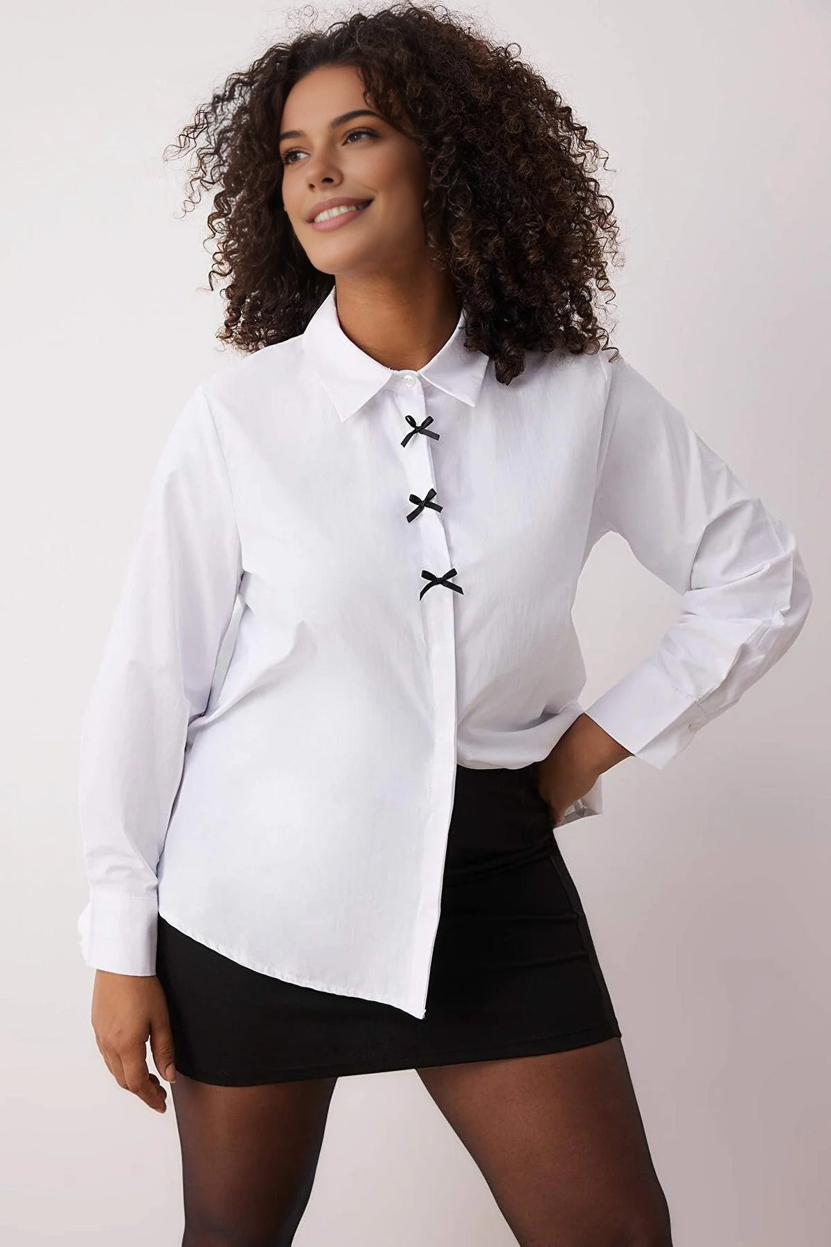 Long Sleeve Woven Plus Size Shirt with Bow Detail
