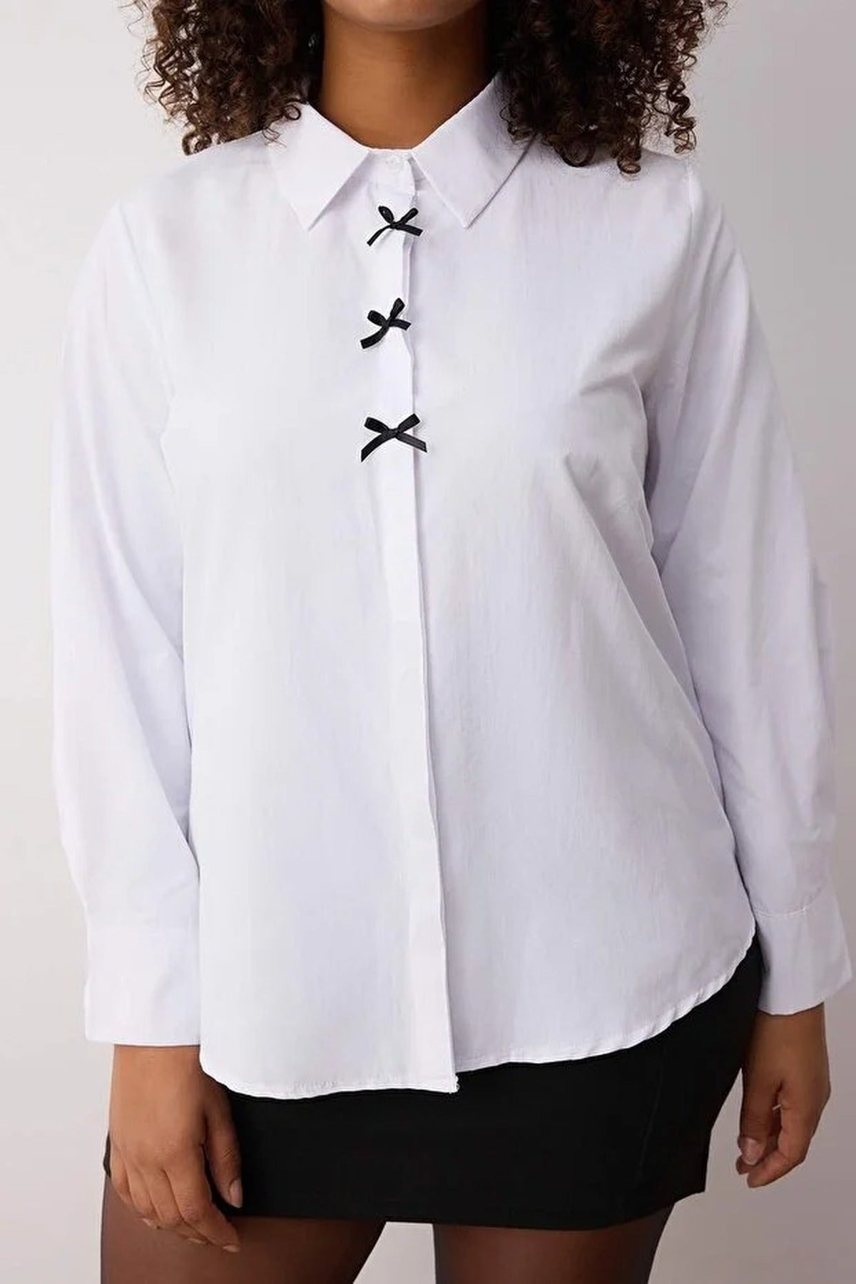 Long Sleeve Woven Plus Size Shirt with Bow Detail