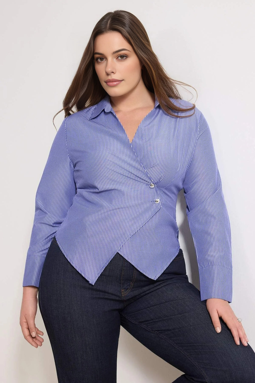 Striped Plus Size Woven Shirt with Silver Button Detail