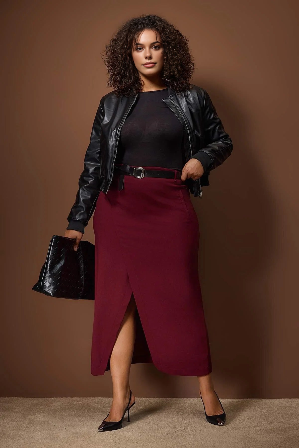 Maxi Woven Plus Size Skirt with Belt and Slit Detail