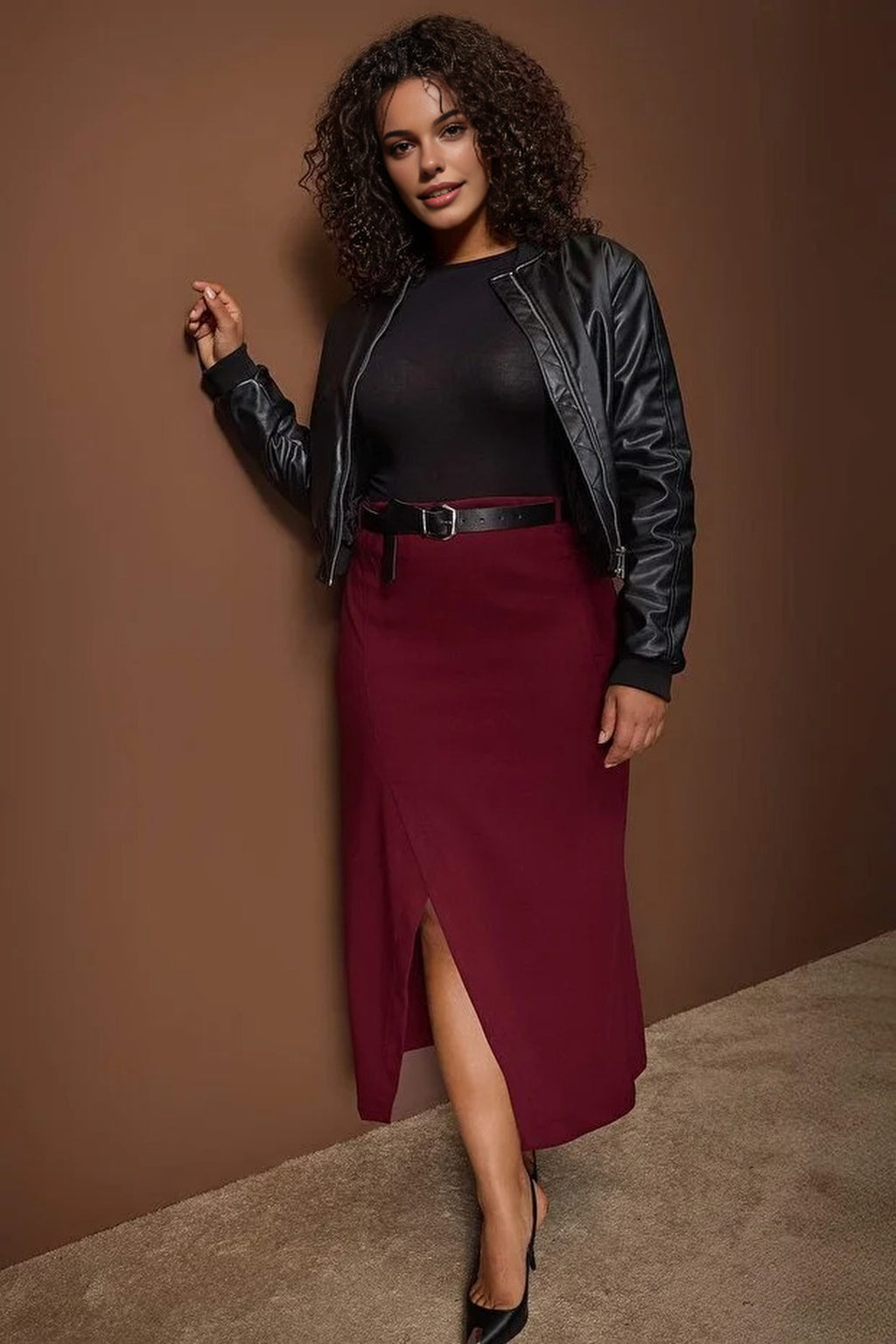 Maxi Woven Plus Size Skirt with Belt and Slit Detail