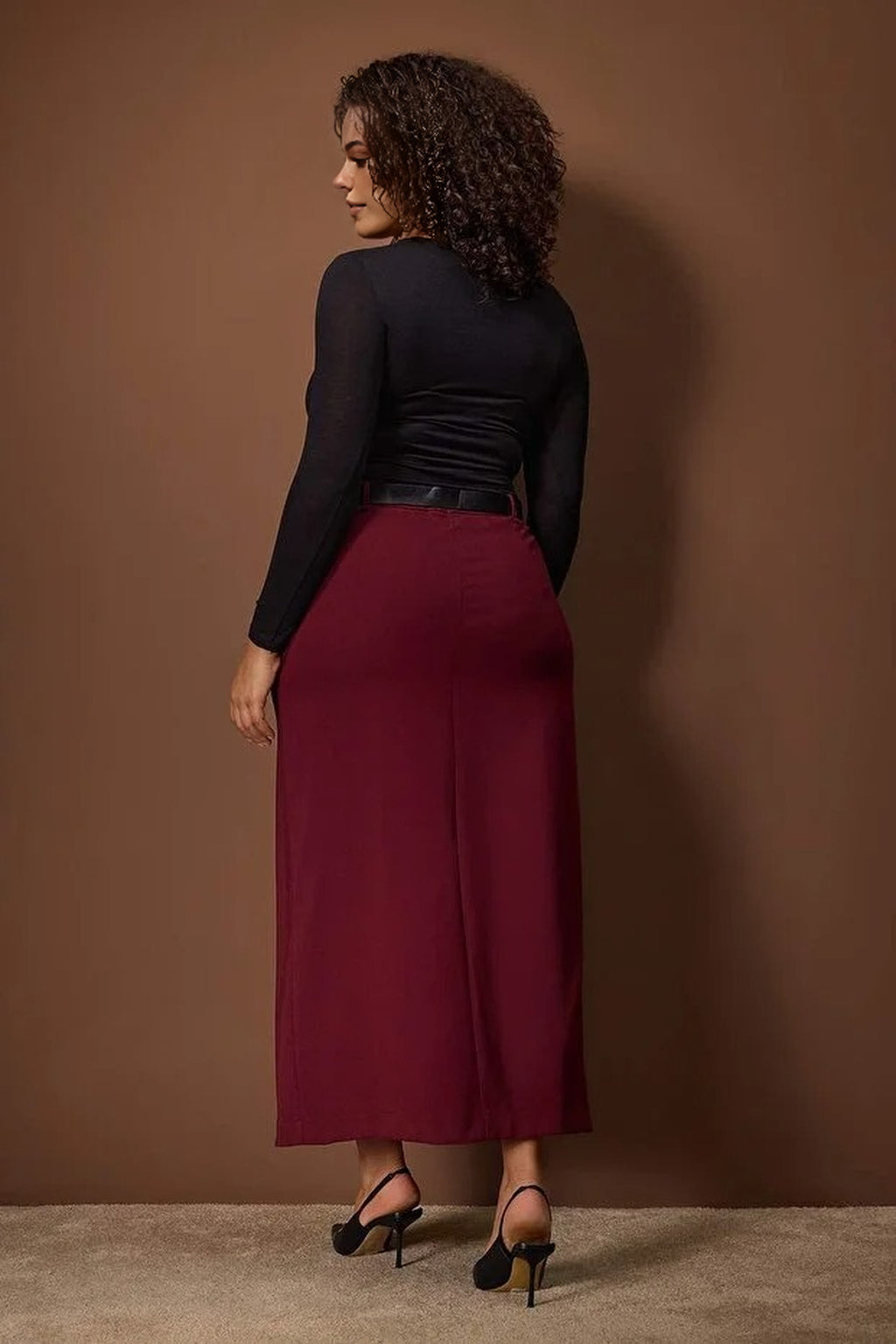 Maxi Woven Plus Size Skirt with Belt and Slit Detail
