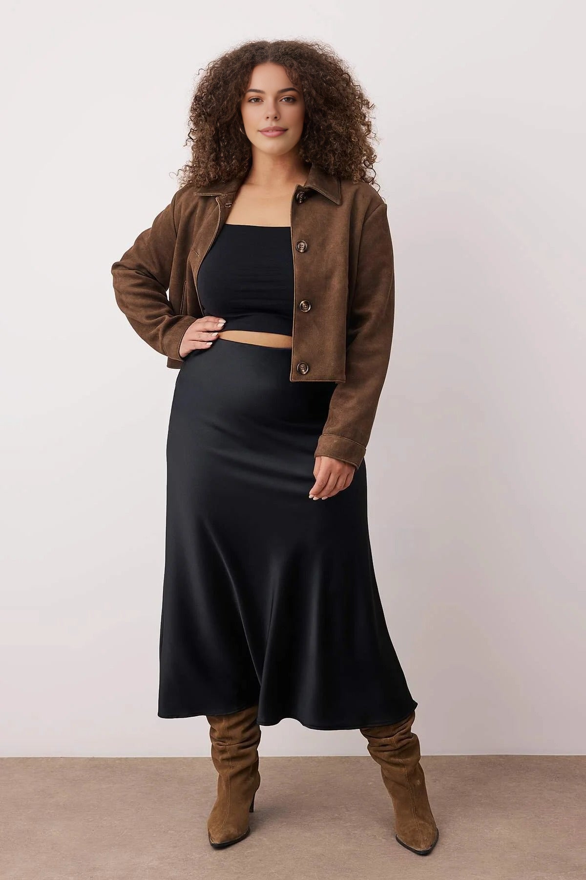Midi Length Satin Woven Plus Size Skirt