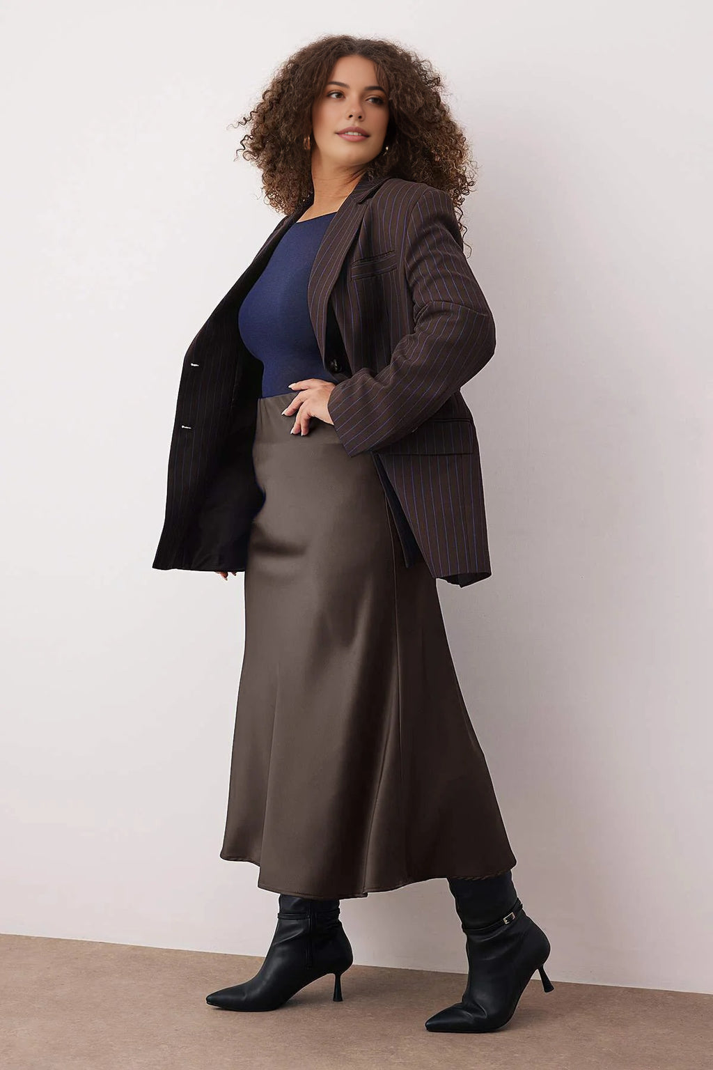 Midi Length Satin Woven Plus Size Skirt