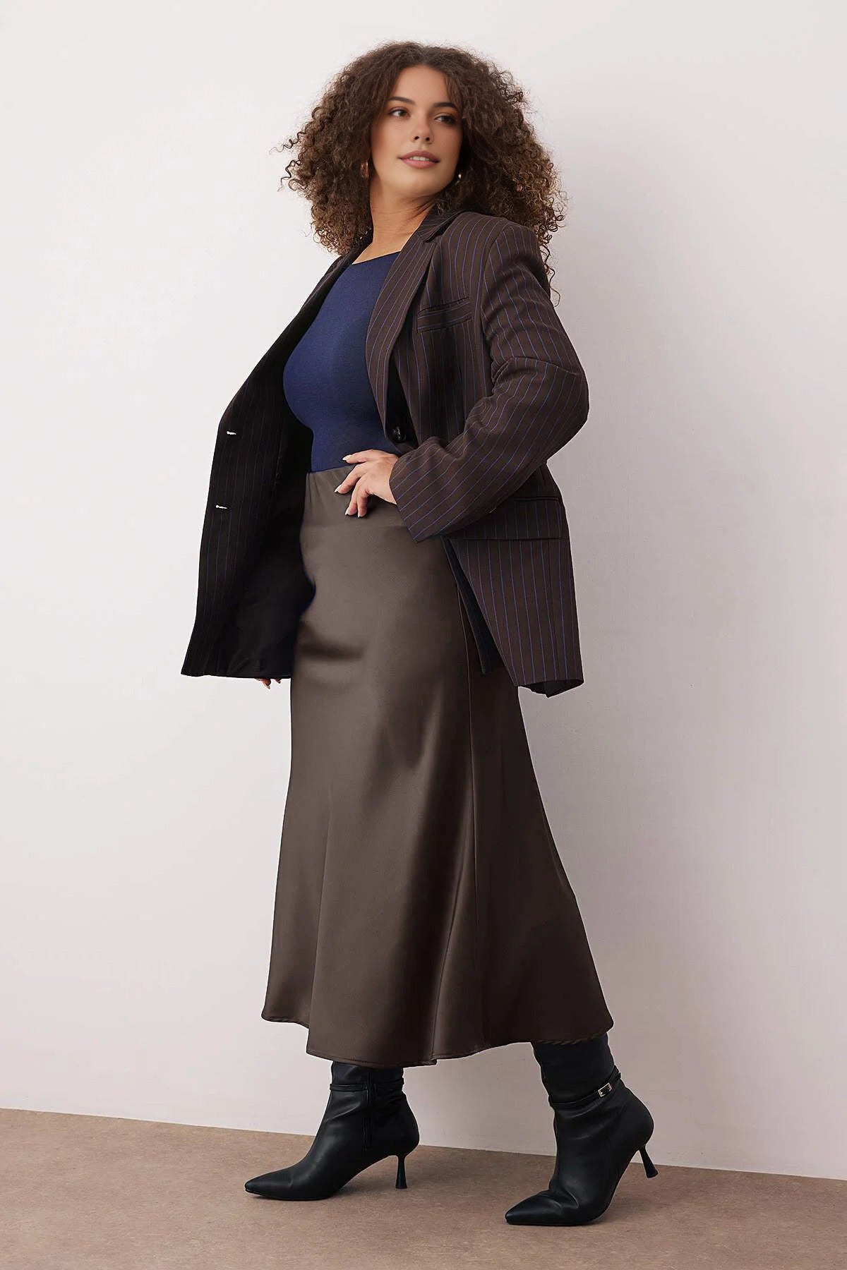 Midi Length Satin Woven Plus Size Skirt