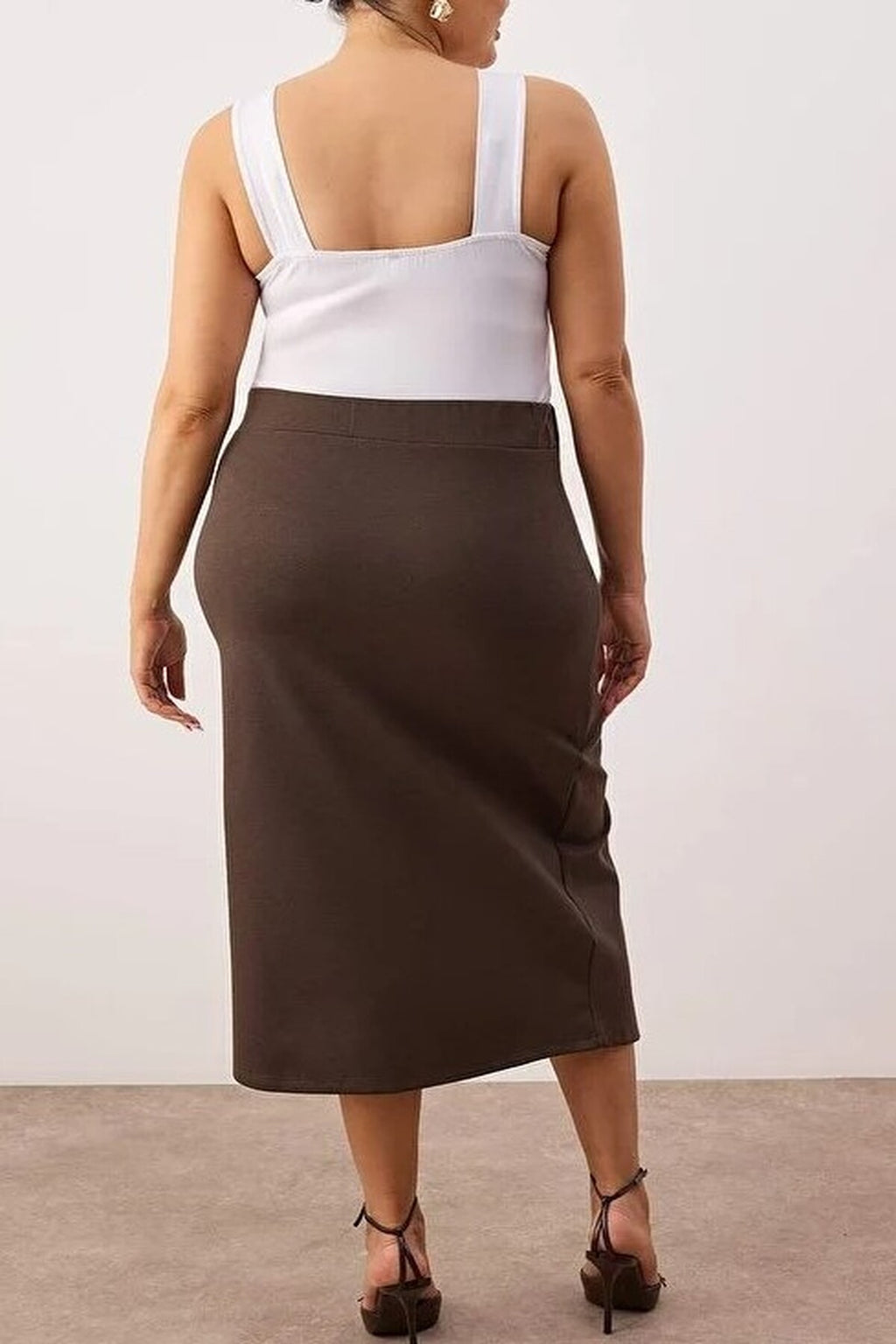 Slit Detail Knitted Stretch Fabric Plus Size Midi Skirt