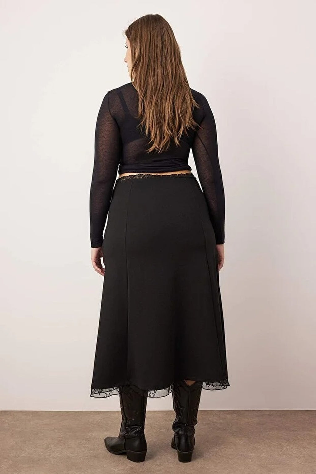 Lace Slit Detail Midi Knitted Plus Size Skirt