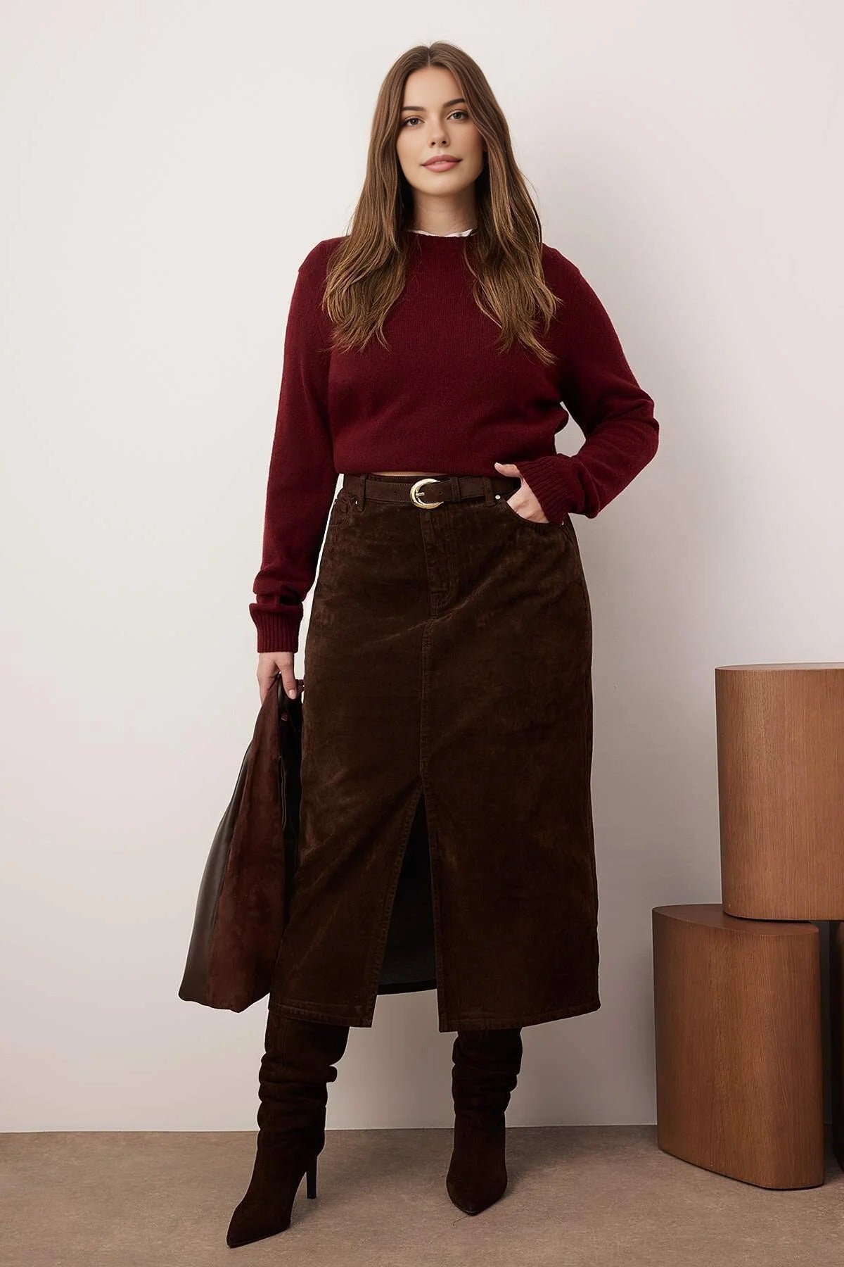 Slit Suede Look Plus Size Denim Skirt