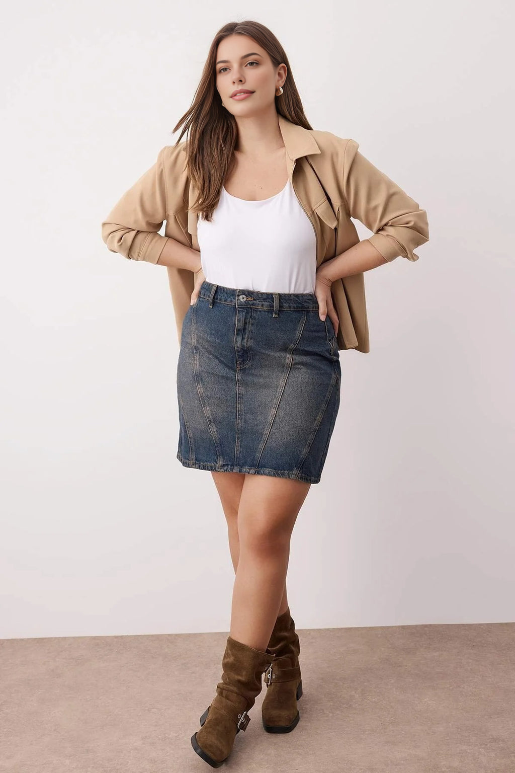 100% Cotton Non-Stretch Mini Denim Skirt with Stitching Detail