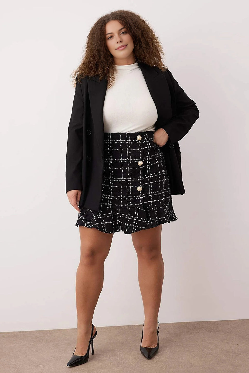 Tweed Checked Mini Woven Plus Size Skirt