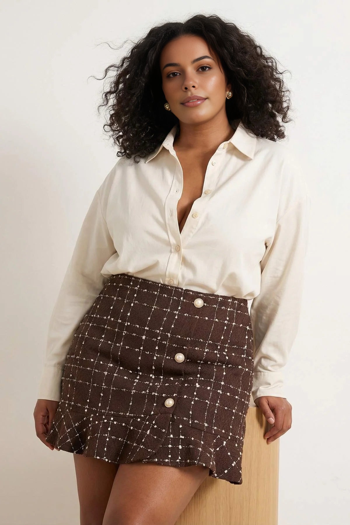 Tweed Checked Mini Woven Plus Size Skirt