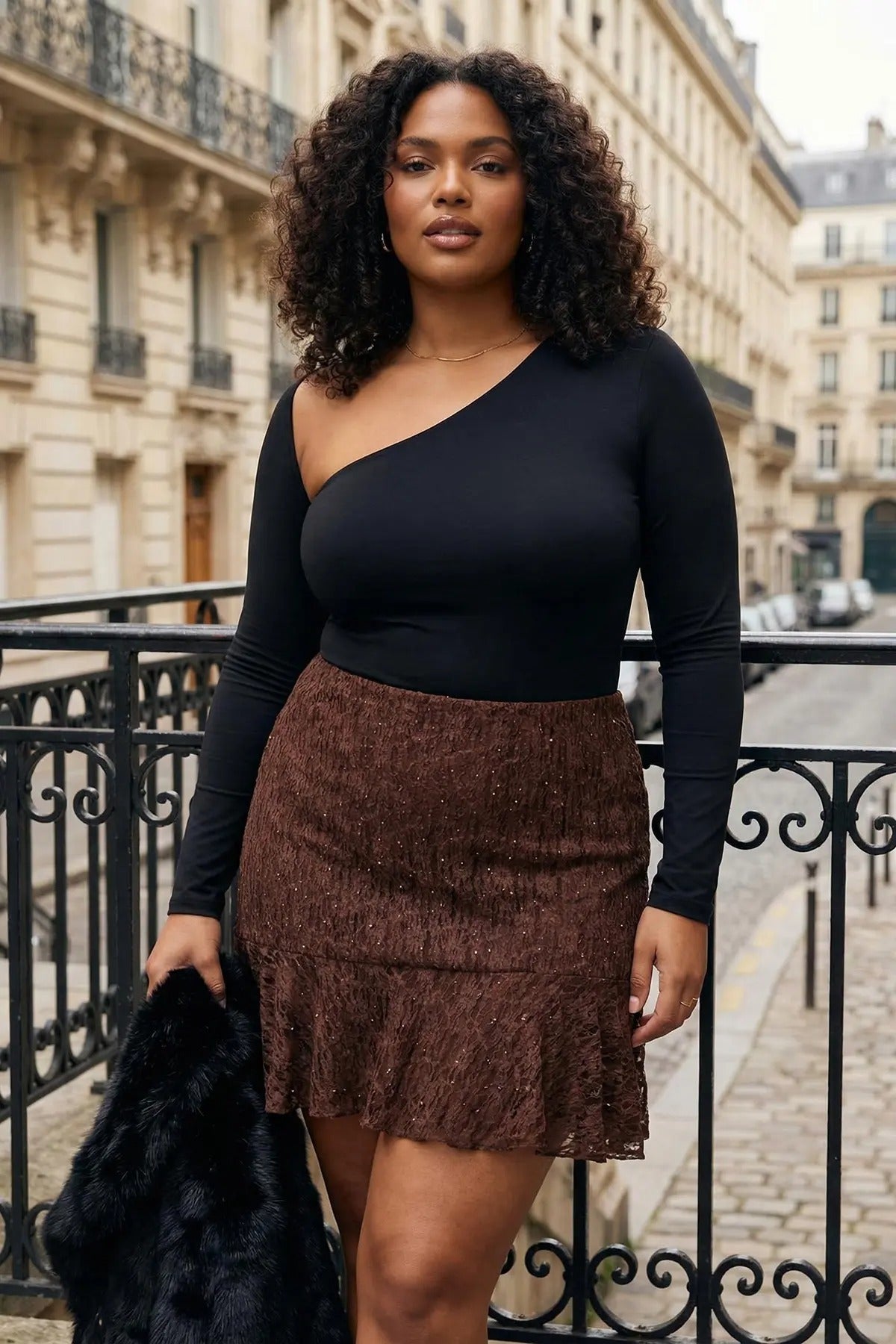 Plus Size Skirt with Ruffled Hem and Knitted Lace