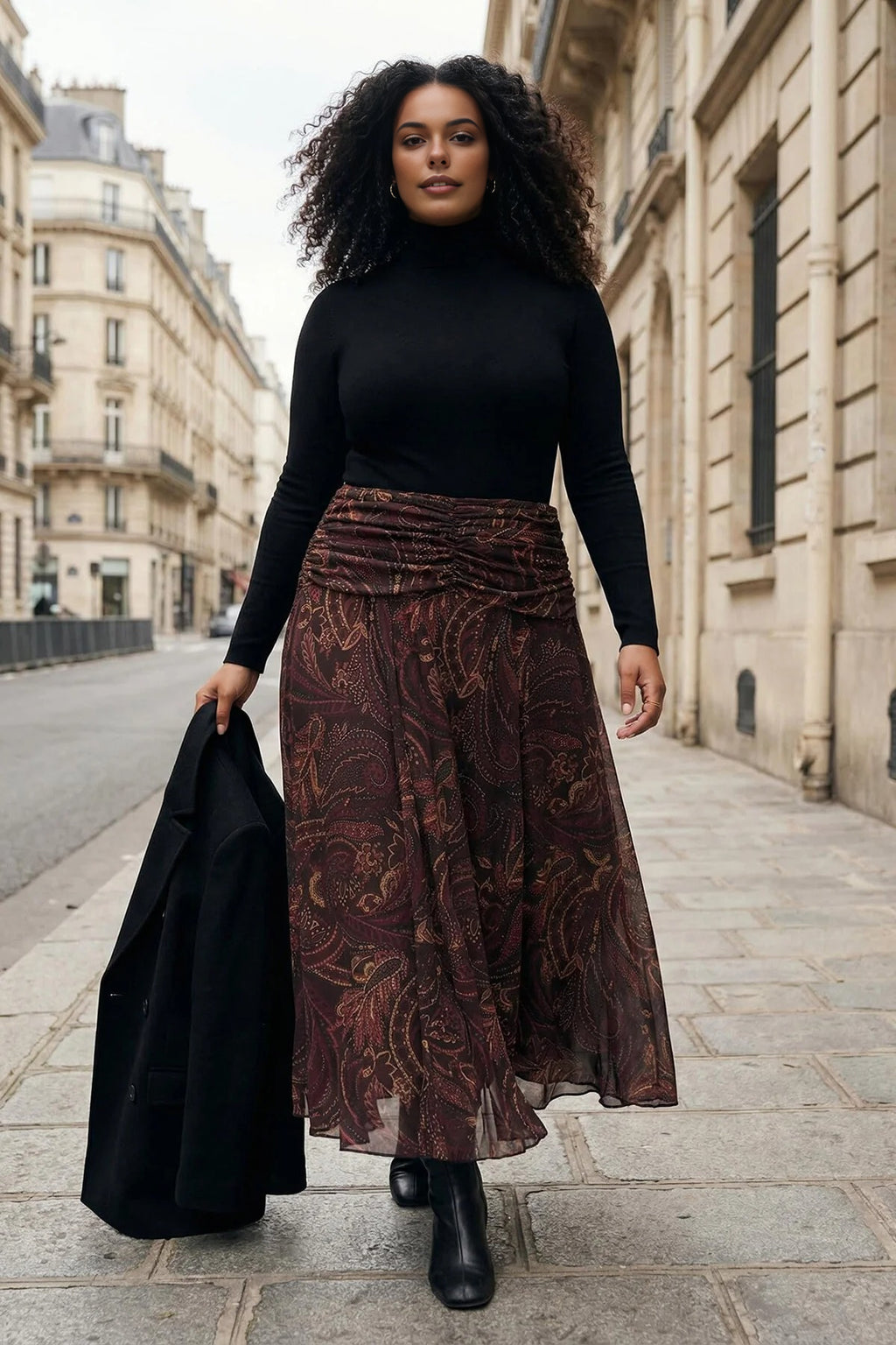 Draped Boho Chic Printed Tulle Stretch Knit Skirt