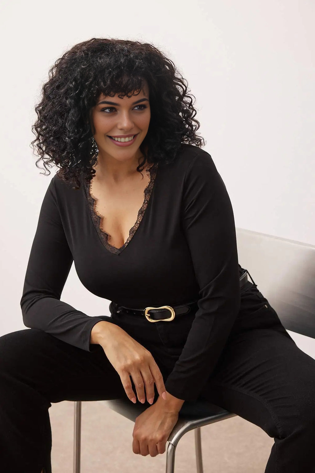 V-Neck Knitted Plus Size Bodysuit with Lace Detail and Snap Button Closure