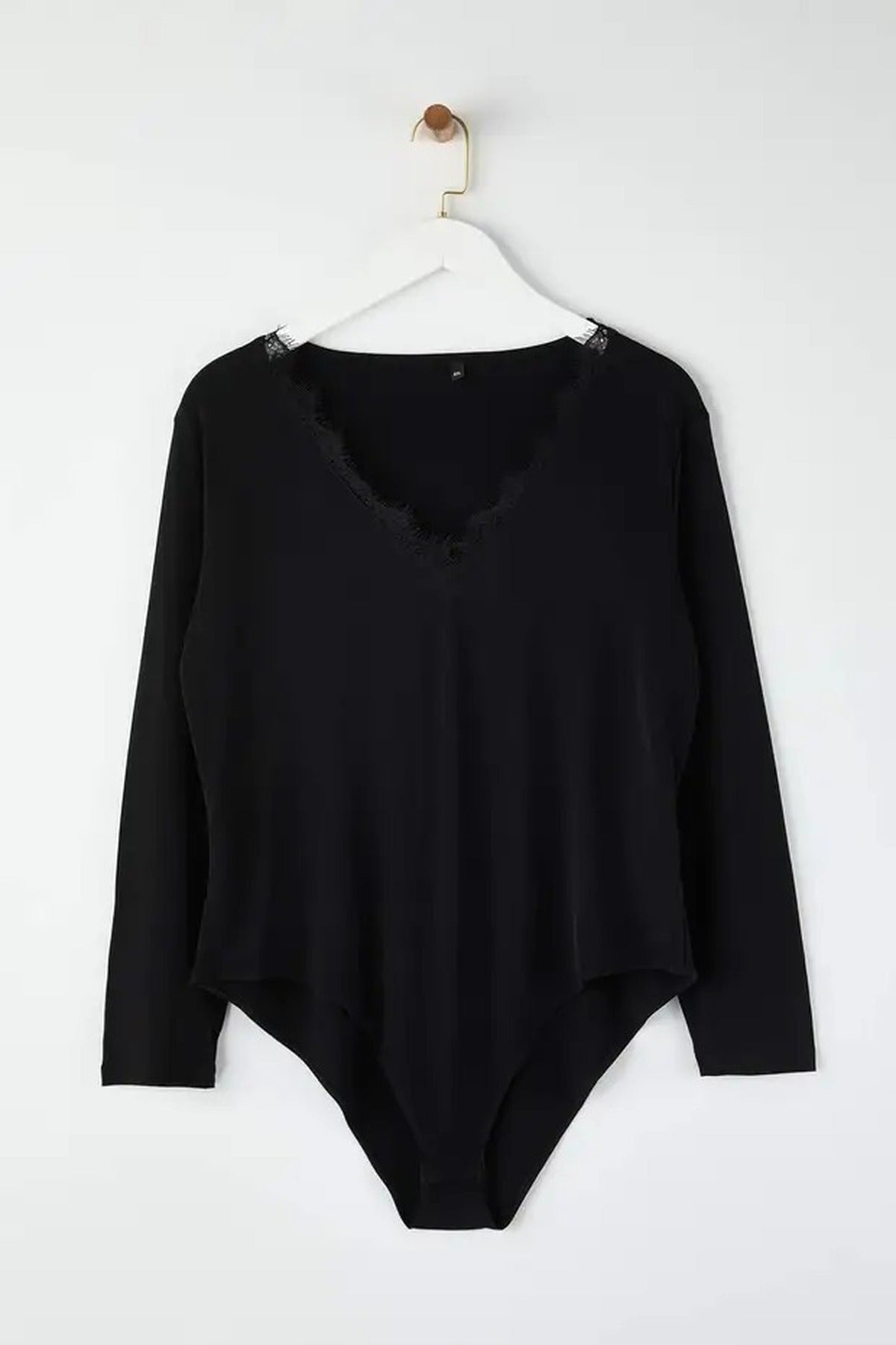 V-Neck Knitted Plus Size Bodysuit with Lace Detail and Snap Button Closure