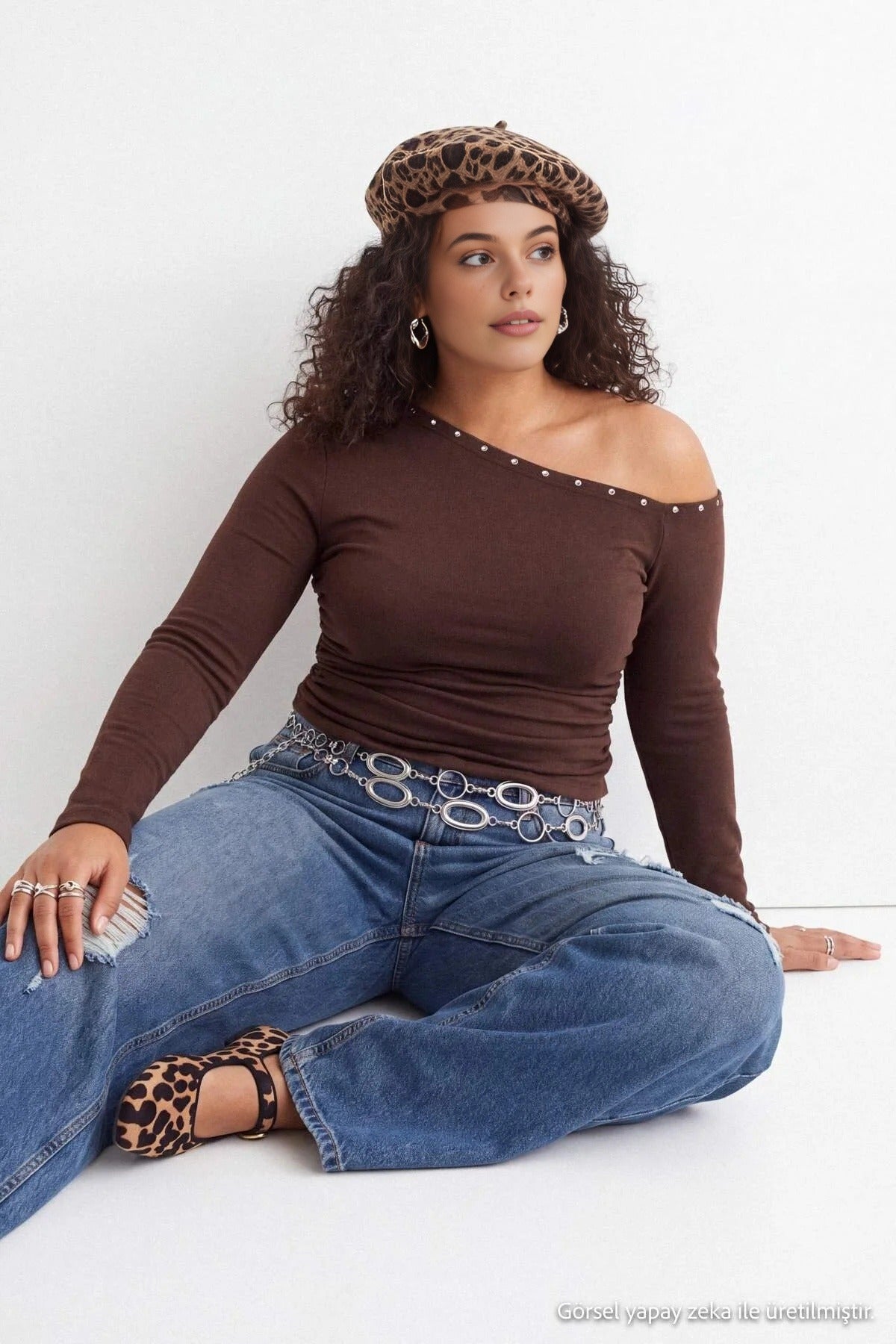 Asymmetric Neck Long Sleeve Fitted Blouse
