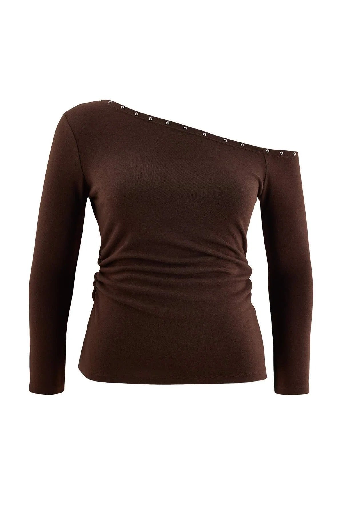 Asymmetric Neck Long Sleeve Fitted Blouse