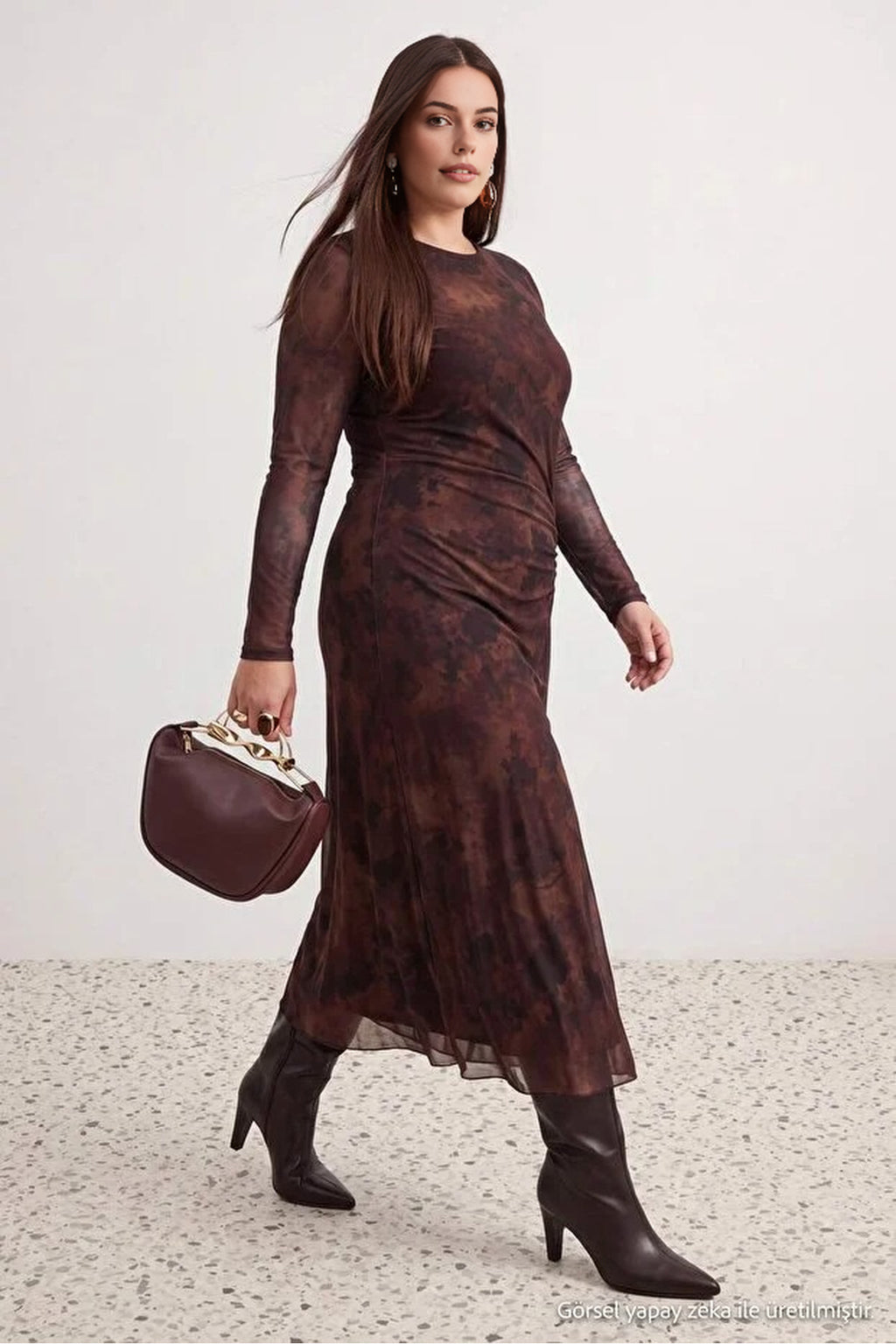Round Neck Long Sleeve Ruched Maxi Dress