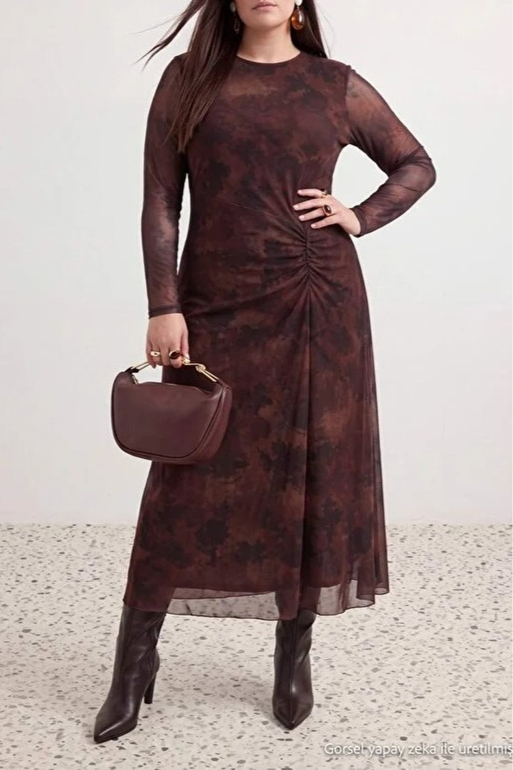 Round Neck Long Sleeve Ruched Maxi Dress
